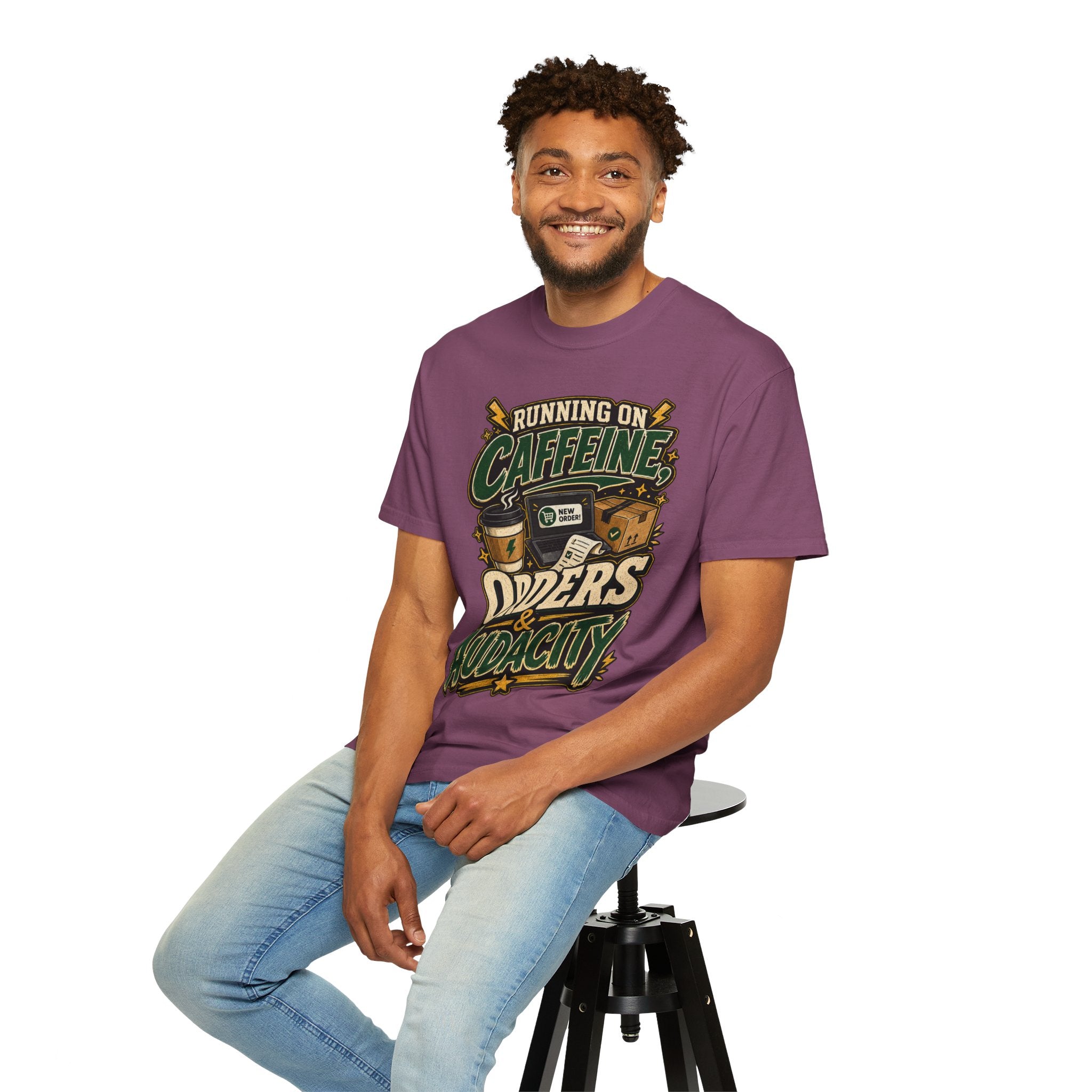 Funny Small Business Owner T-Shirt — “Running on Caffeine, Orders & Audacity” Graphic Tee