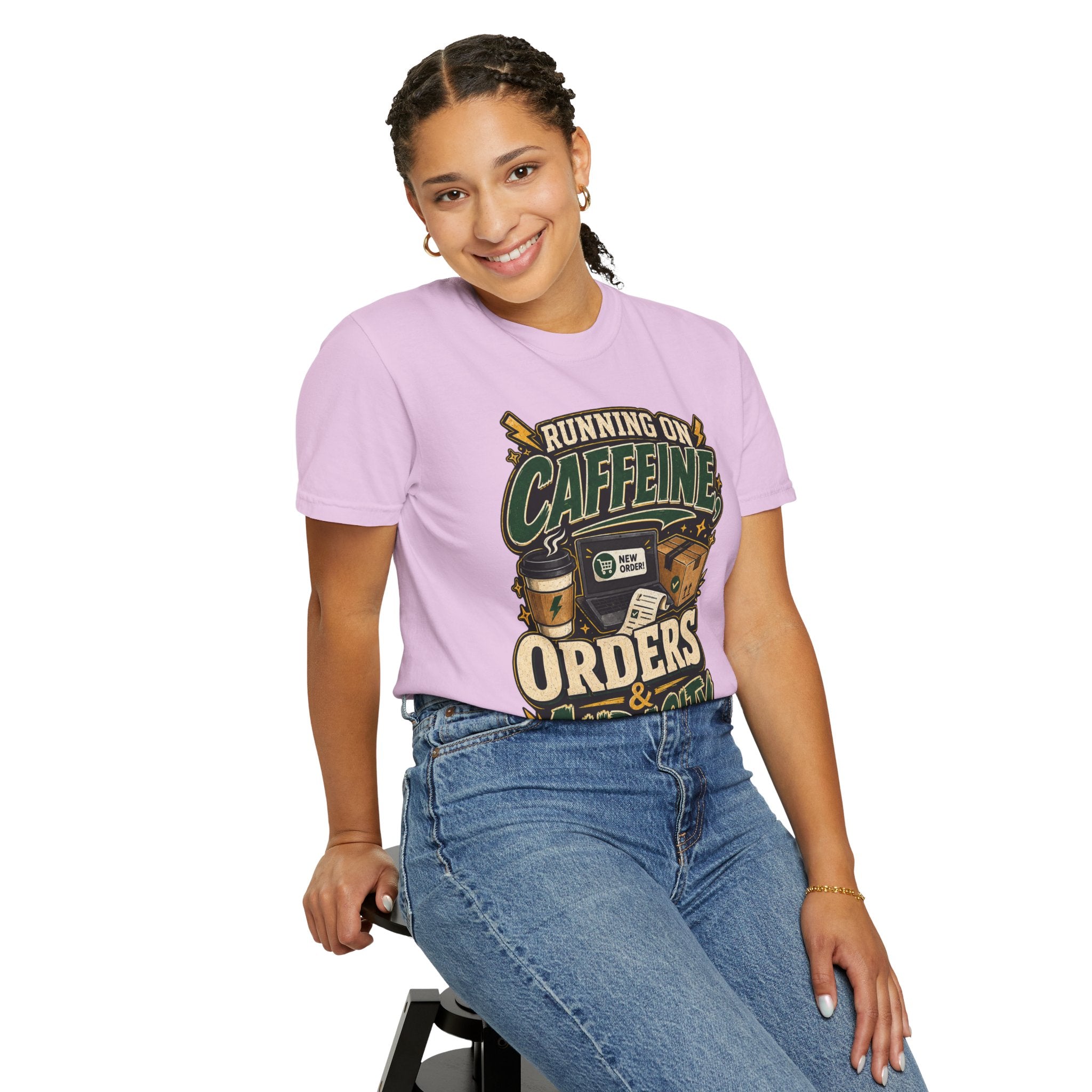 Funny Small Business Owner T-Shirt — “Running on Caffeine, Orders & Audacity” Graphic Tee