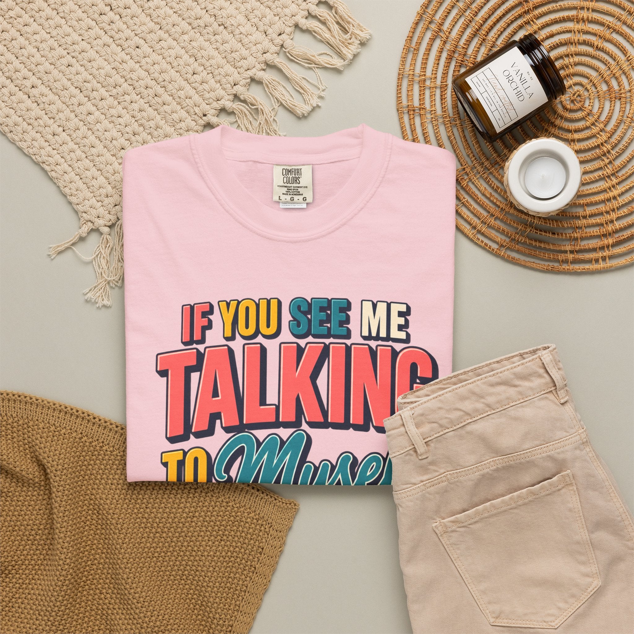Funny Staff Meeting T-Shirt — “If You See Me Talking to Myself” Colorful Typography Graphic Tee