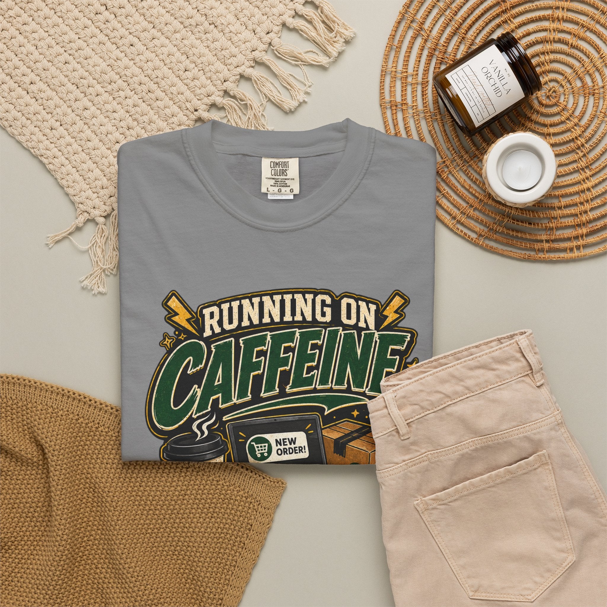 Funny Small Business Owner T-Shirt — “Running on Caffeine, Orders & Audacity” Graphic Tee