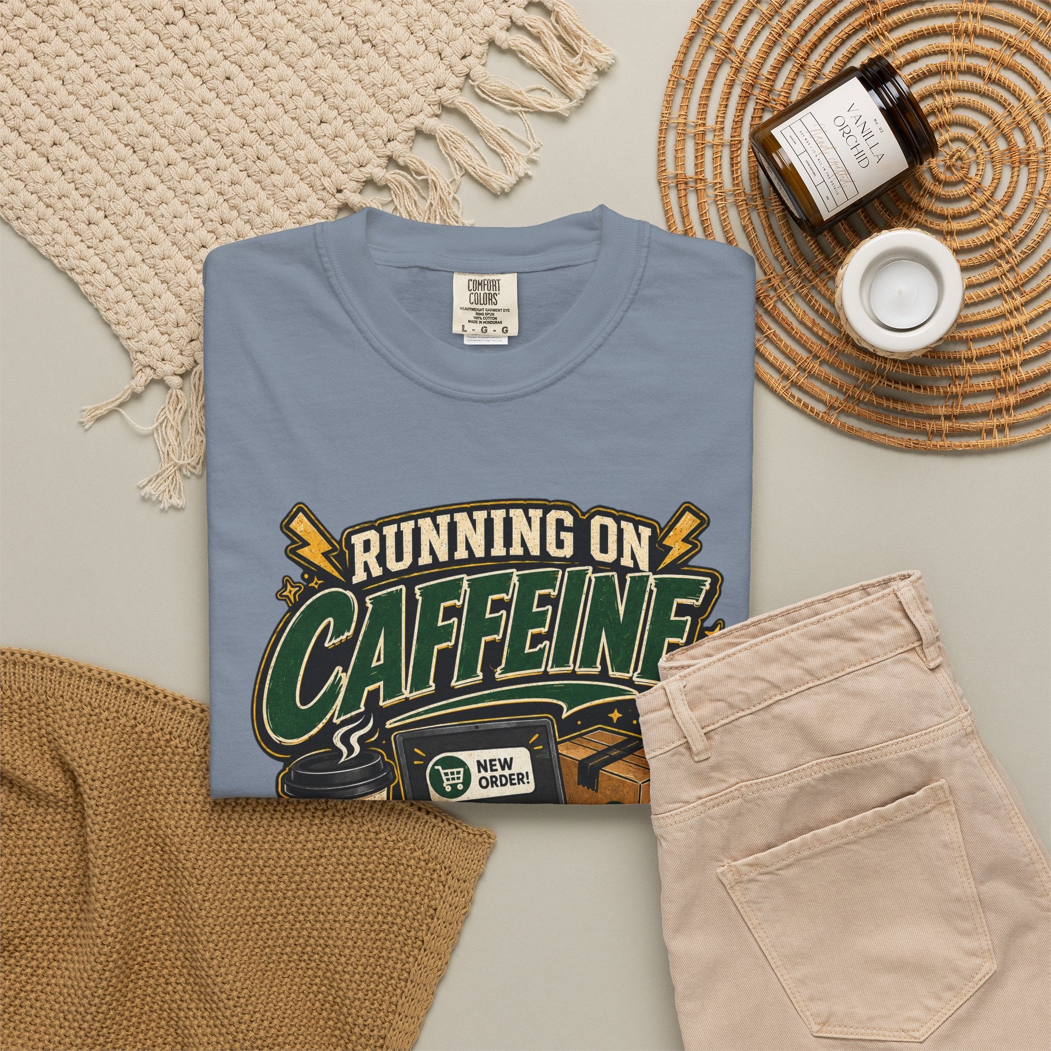 Funny Small Business Owner T-Shirt — “Running on Caffeine, Orders & Audacity” Graphic Tee