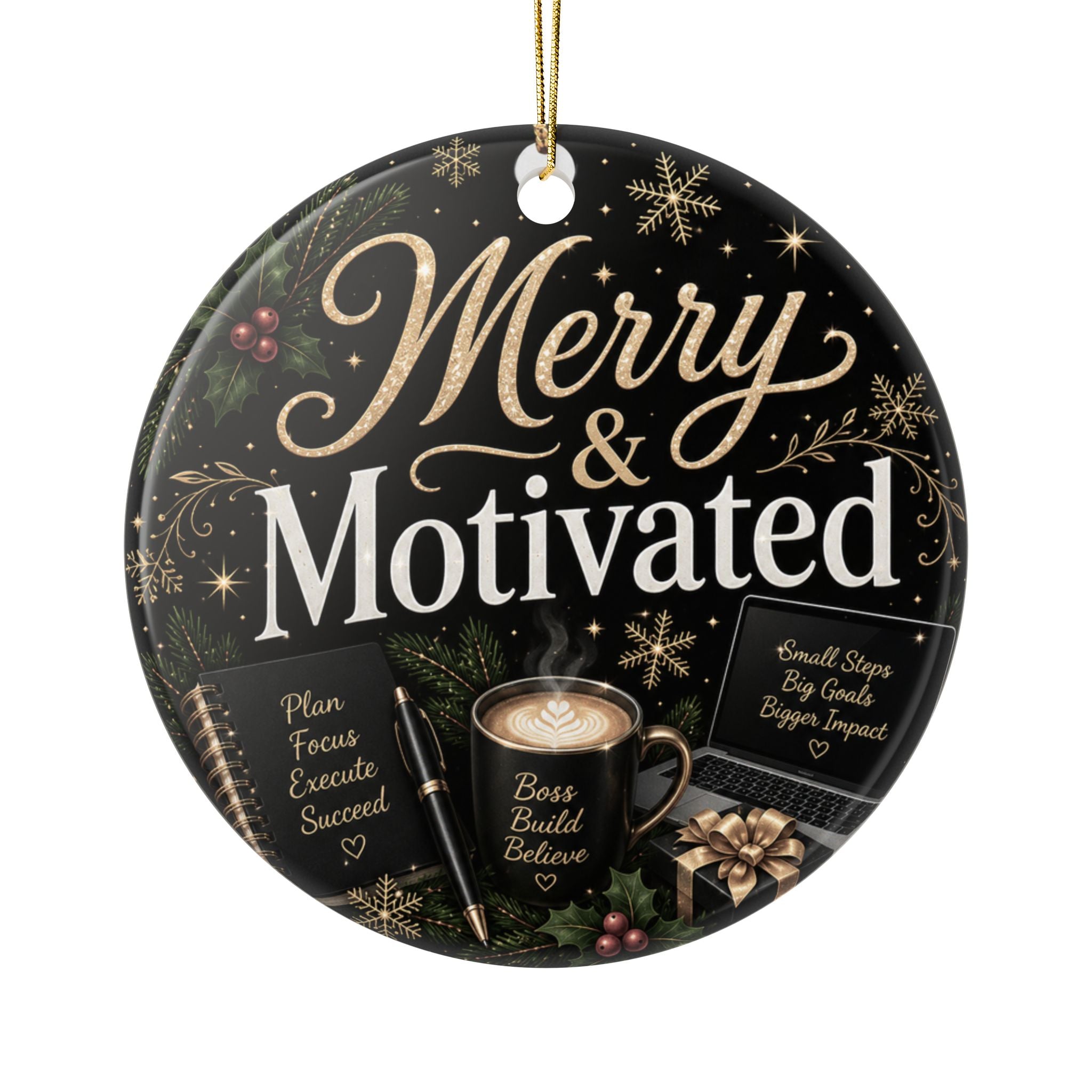 Merry & Motivated Ceramic Ornament – Small Business Owner Christmas Gift