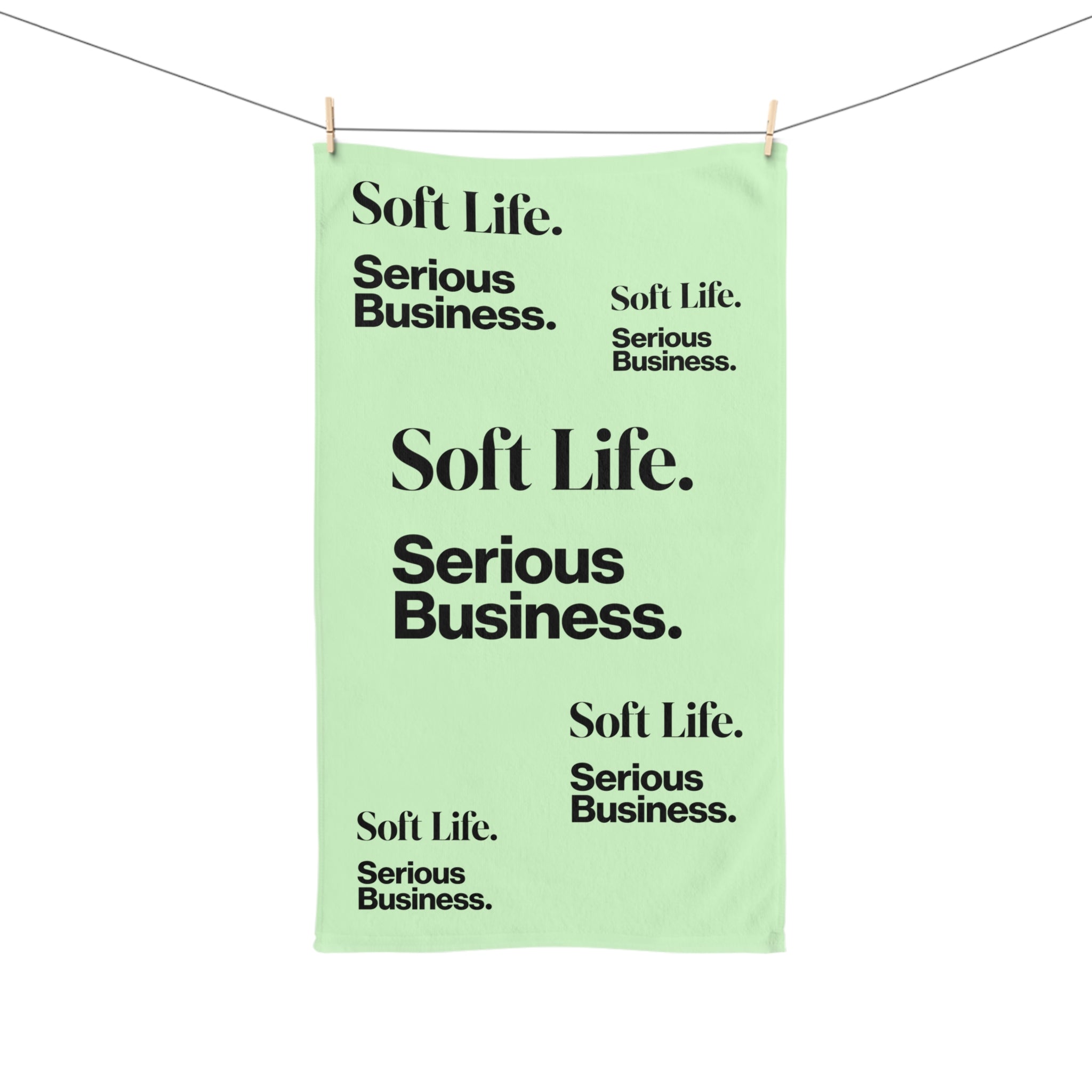 Soft Life. Serious Business. Mint Hand Towel — Trendy Minimal Text Pattern