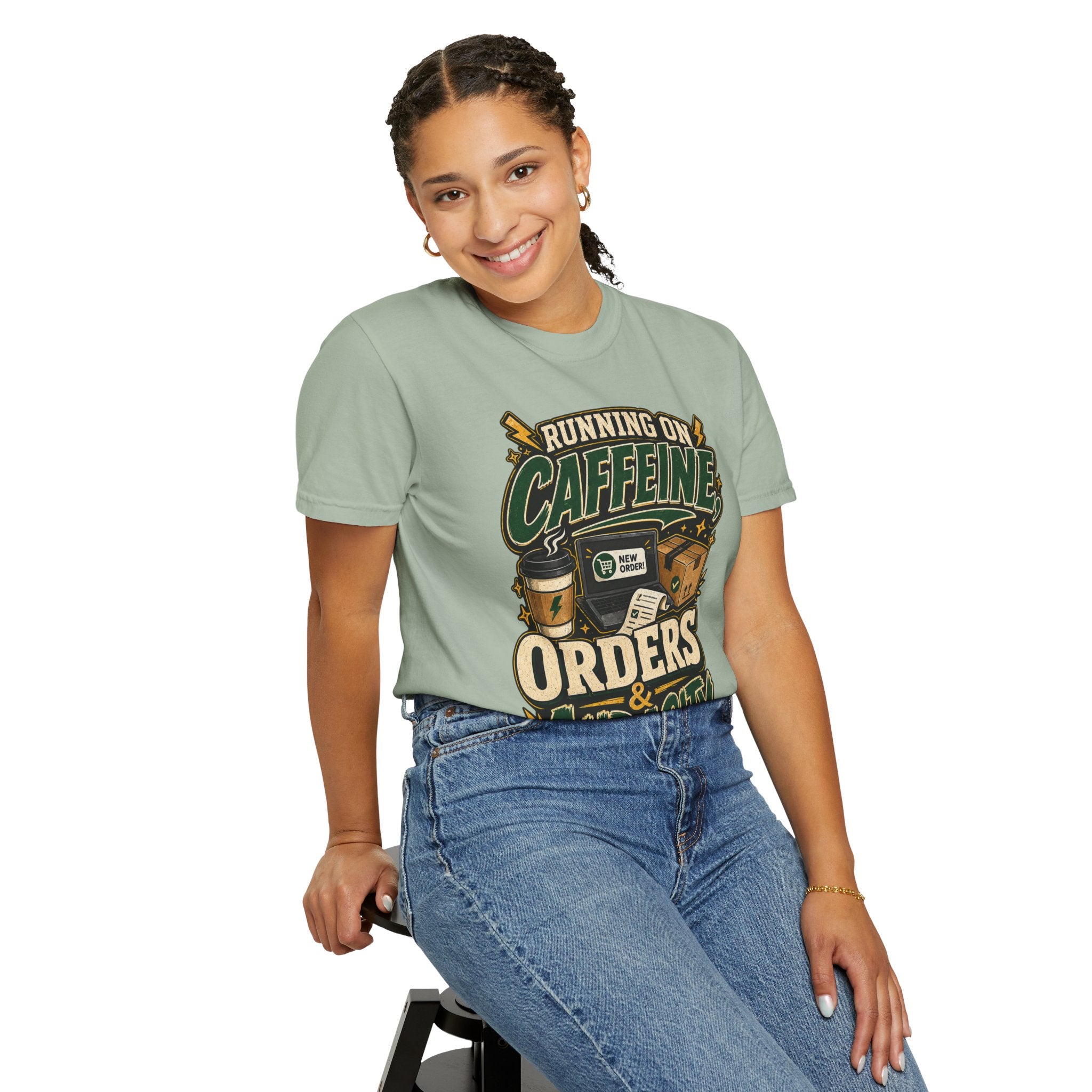 Funny Small Business Owner T-Shirt — “Running on Caffeine, Orders & Audacity” Graphic Tee