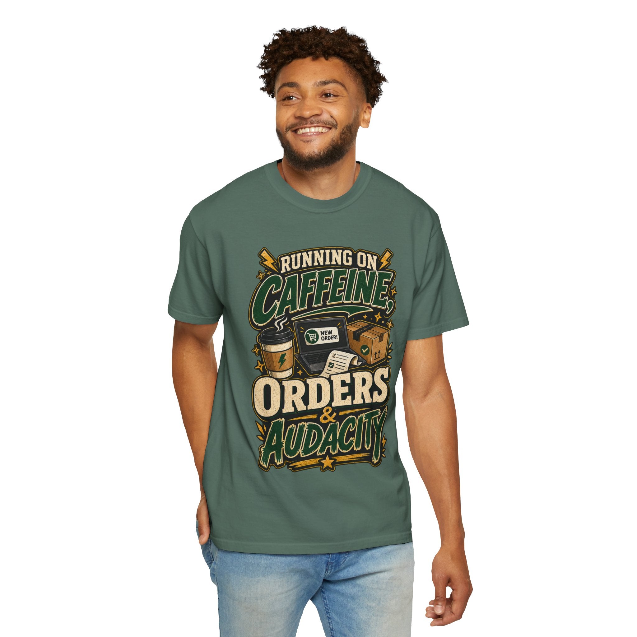 Funny Small Business Owner T-Shirt — “Running on Caffeine, Orders & Audacity” Graphic Tee