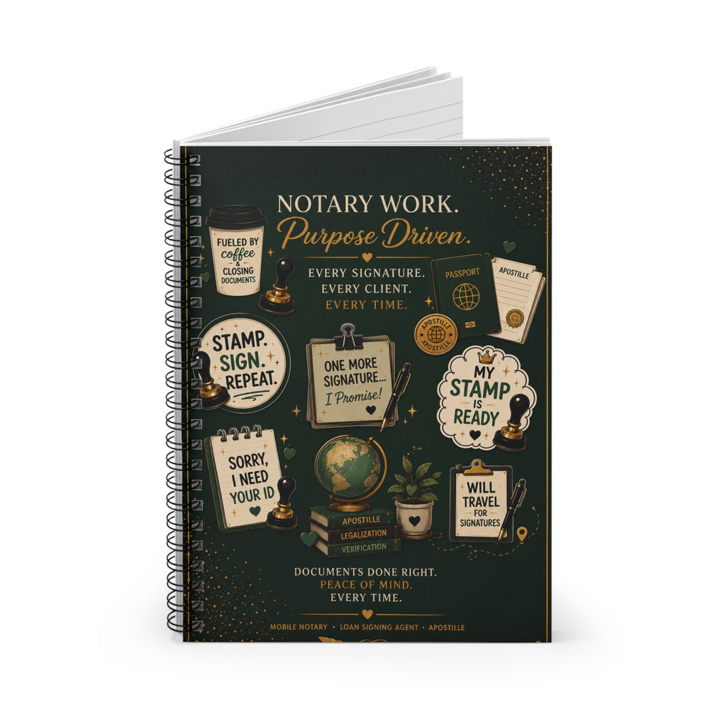Notary Work. Purpose Driven. | Green Spiral Notebook for Notaries & Loan Signing Agents