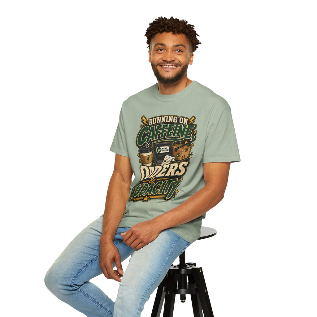 Funny Small Business Owner T-Shirt — “Running on Caffeine, Orders & Audacity” Graphic Tee