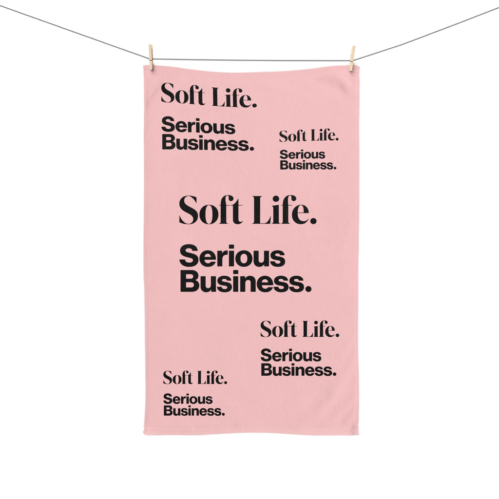 Soft Life. Serious Business. Blush Pink Hand Towel — Trendy Minimal Text Pattern