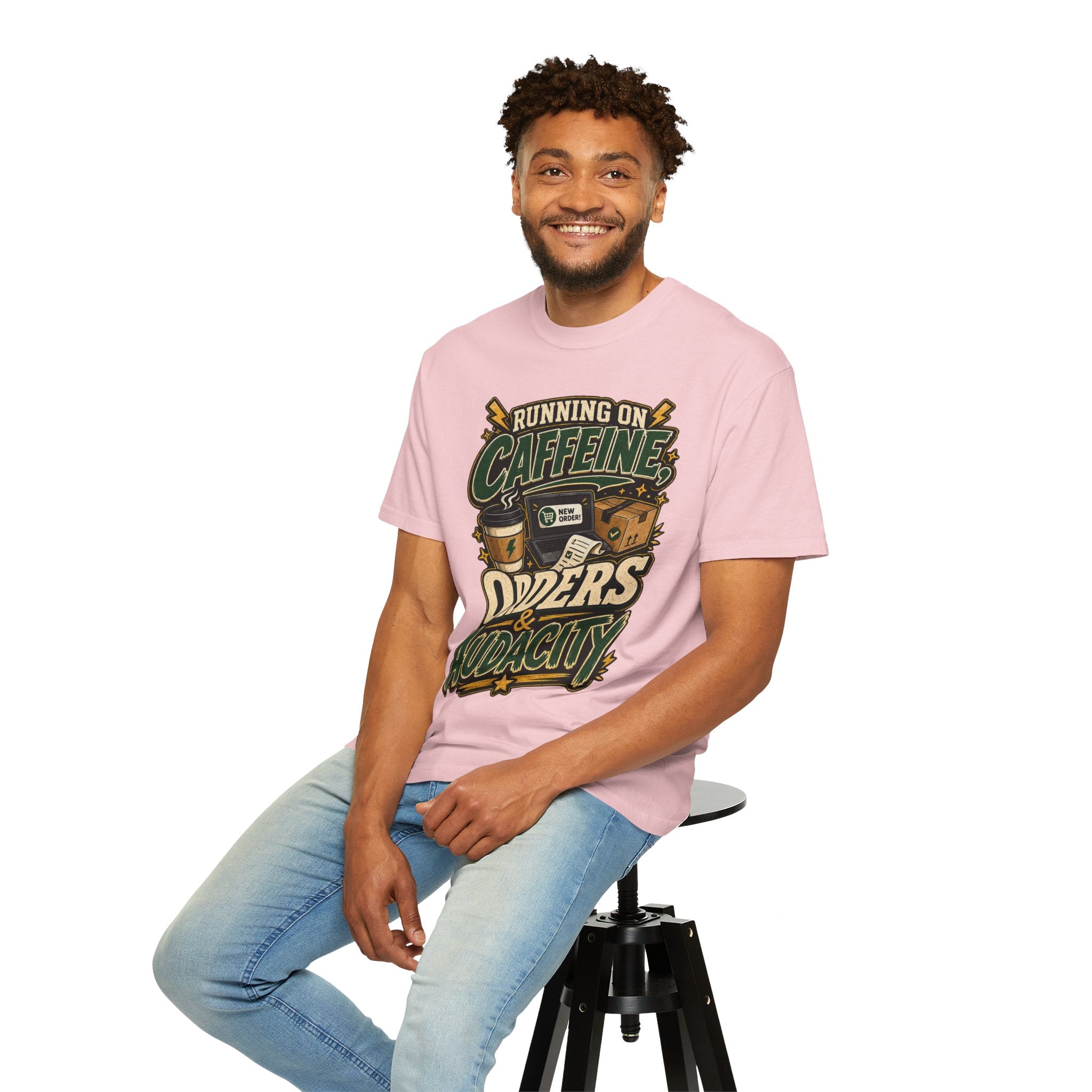 Funny Small Business Owner T-Shirt — “Running on Caffeine, Orders & Audacity” Graphic Tee