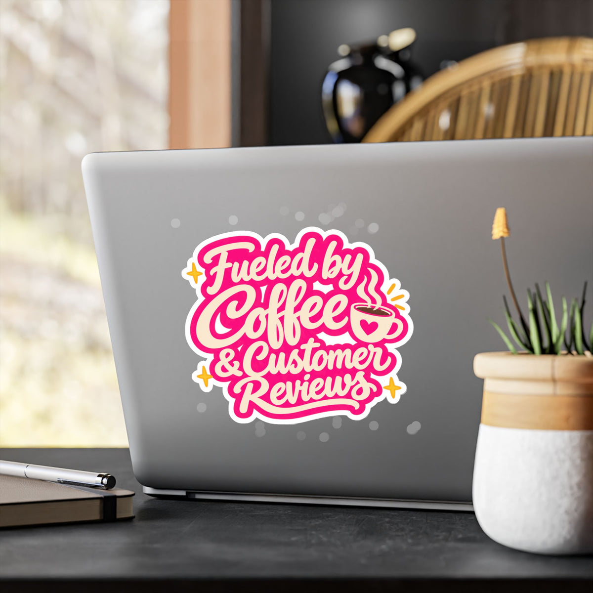 Fueled by Coffee & Customer Reviews Sticker — Small Business Owner Vinyl Decal