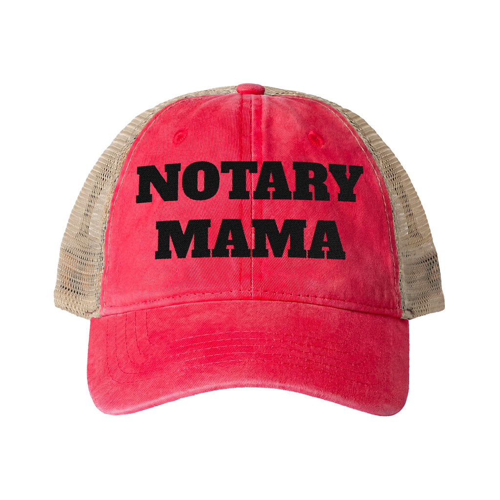 Notary Mama Women's Washed Mesh-Back Cap | Embroidered Ponytail Trucker Hat for Mobile Notaries & Loan Signing Agents