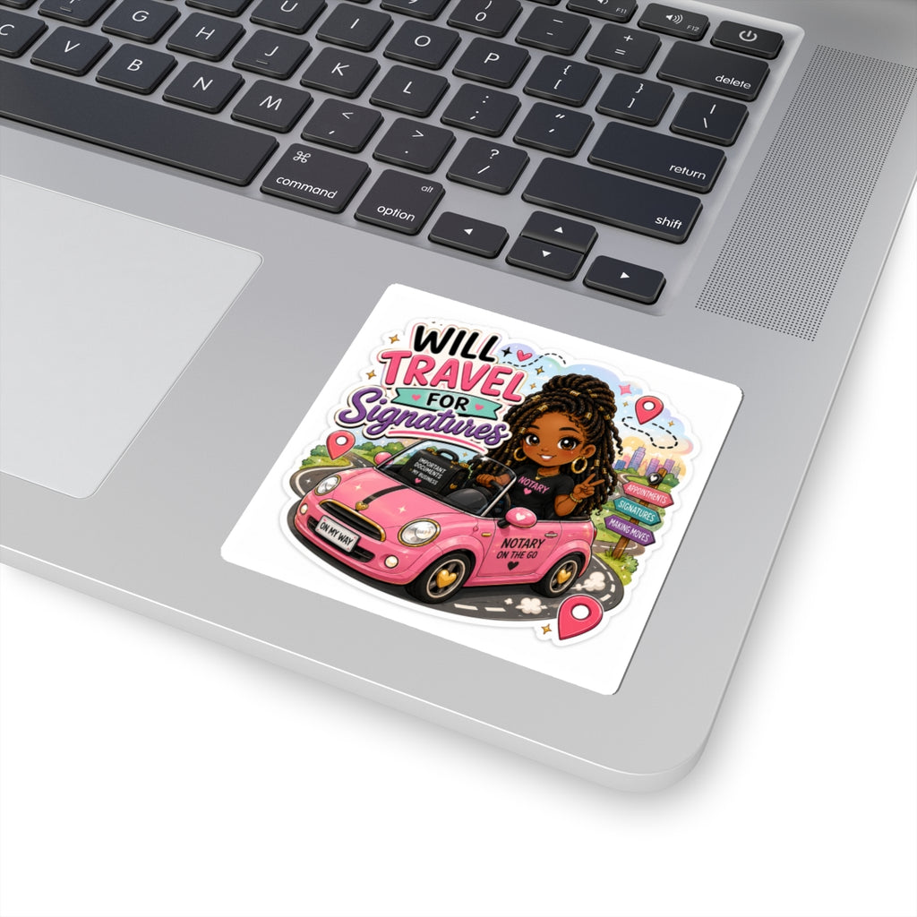 🚗 Will Travel for Signatures | Kawaii Mobile Notary Vinyl Sticker