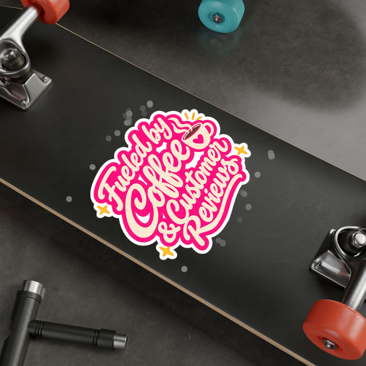 Fueled by Coffee & Customer Reviews Sticker — Small Business Owner Vinyl Decal