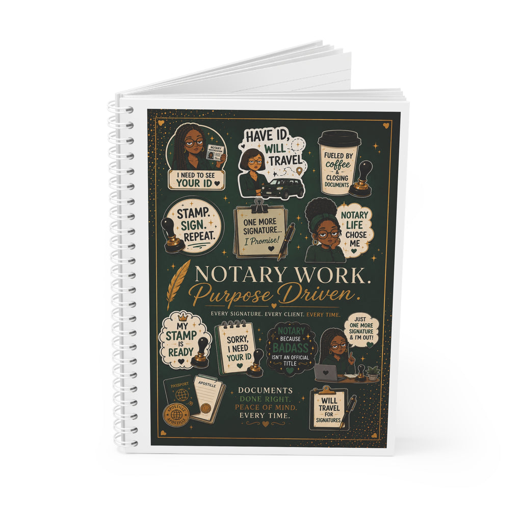 Notary Work Spiral Notebook — "Purpose Driven" Notary Journal with Stamps & Quotes