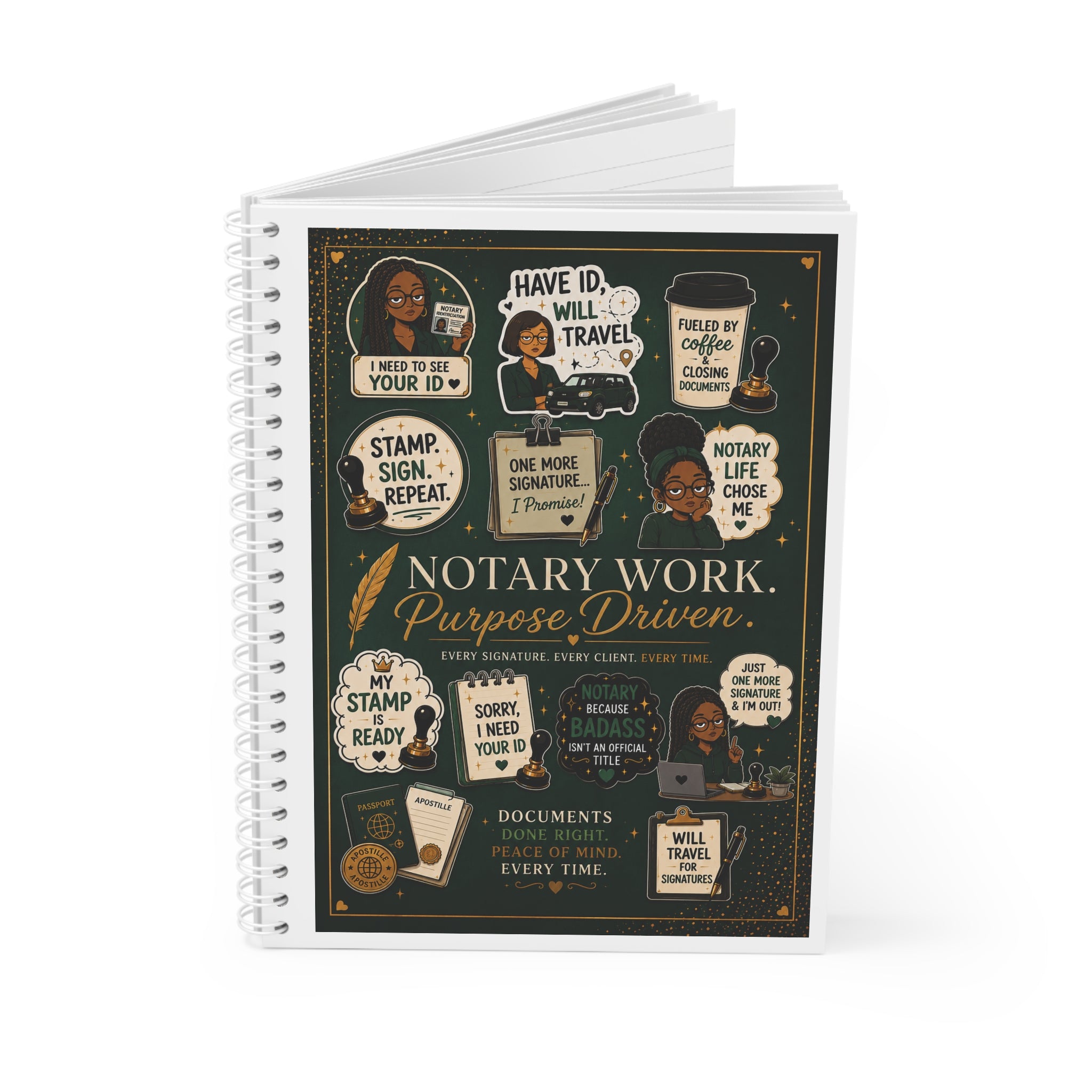 Notary Work Spiral Notebook — "Purpose Driven" Notary Journal with Stamps & Quotes