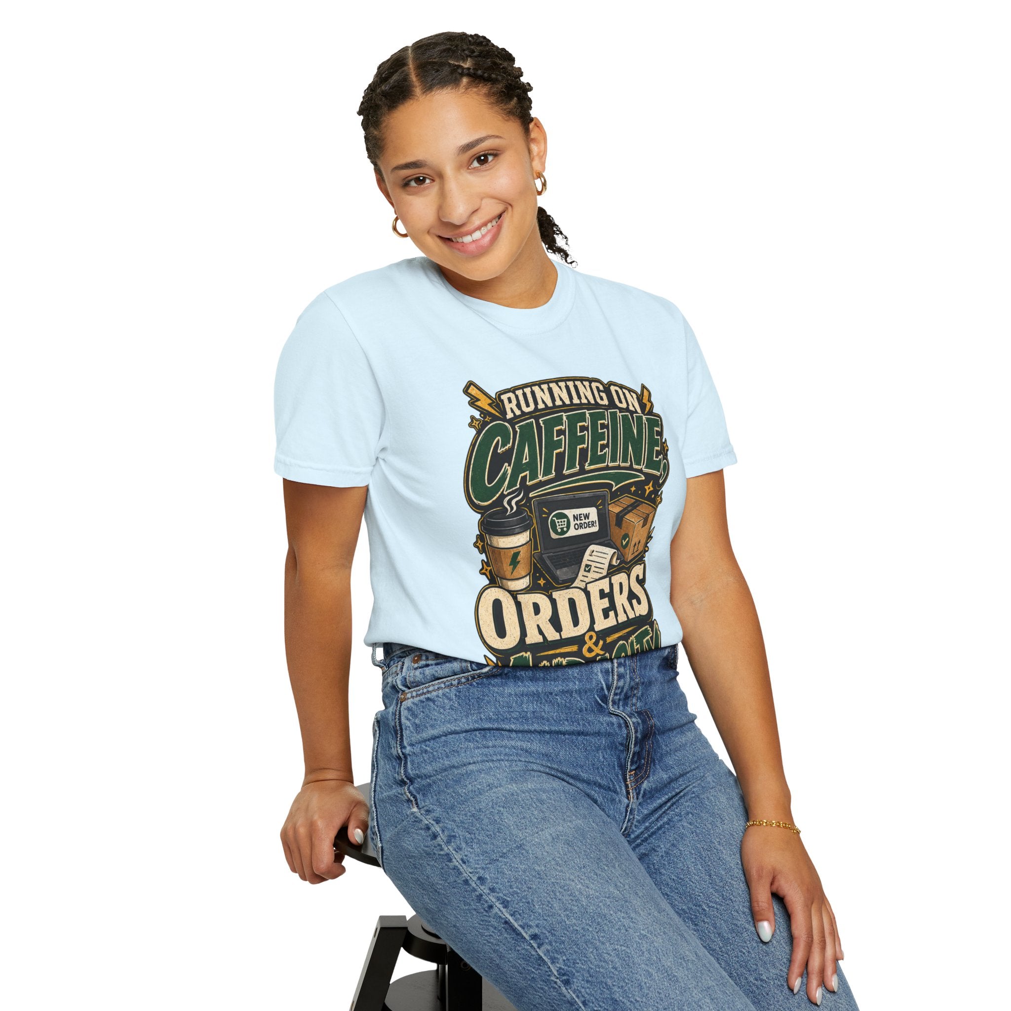 Funny Small Business Owner T-Shirt — “Running on Caffeine, Orders & Audacity” Graphic Tee