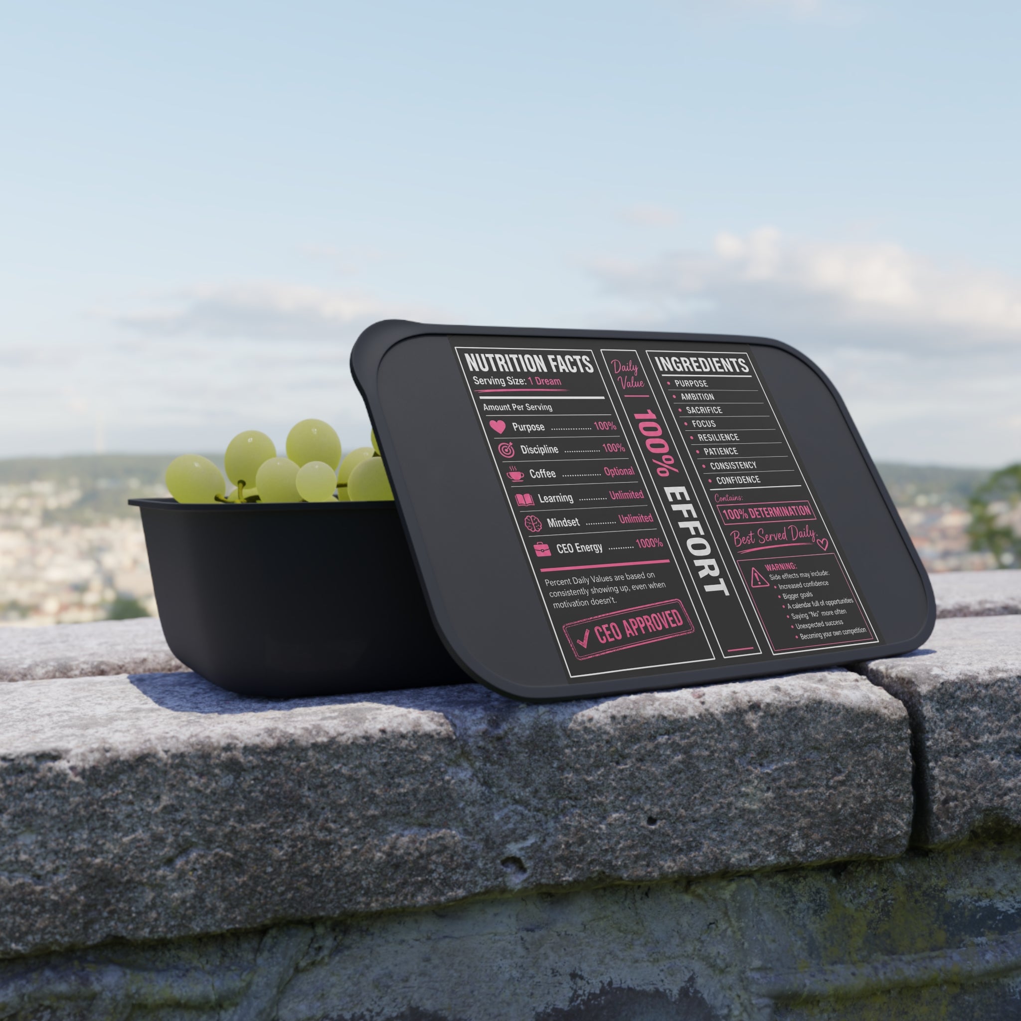 Motivation Nutrition Facts Bento Box with Utensils | Meal Prep Lunch Box for Entrepreneurs & Goal Getters