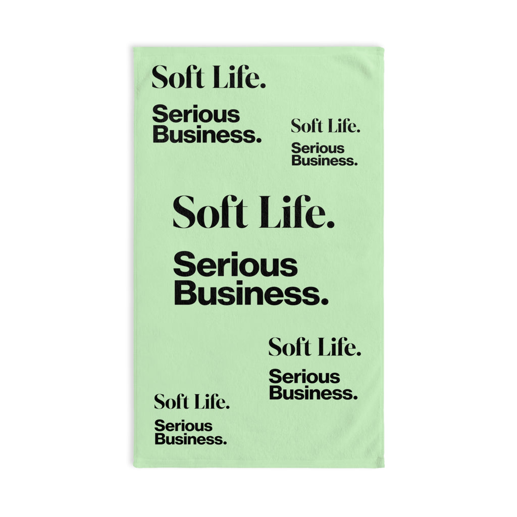 Soft Life. Serious Business. Mint Hand Towel — Trendy Minimal Text Pattern