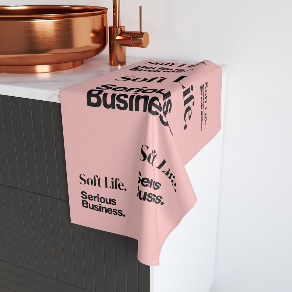Soft Life. Serious Business. Blush Pink Hand Towel — Trendy Minimal Text Pattern