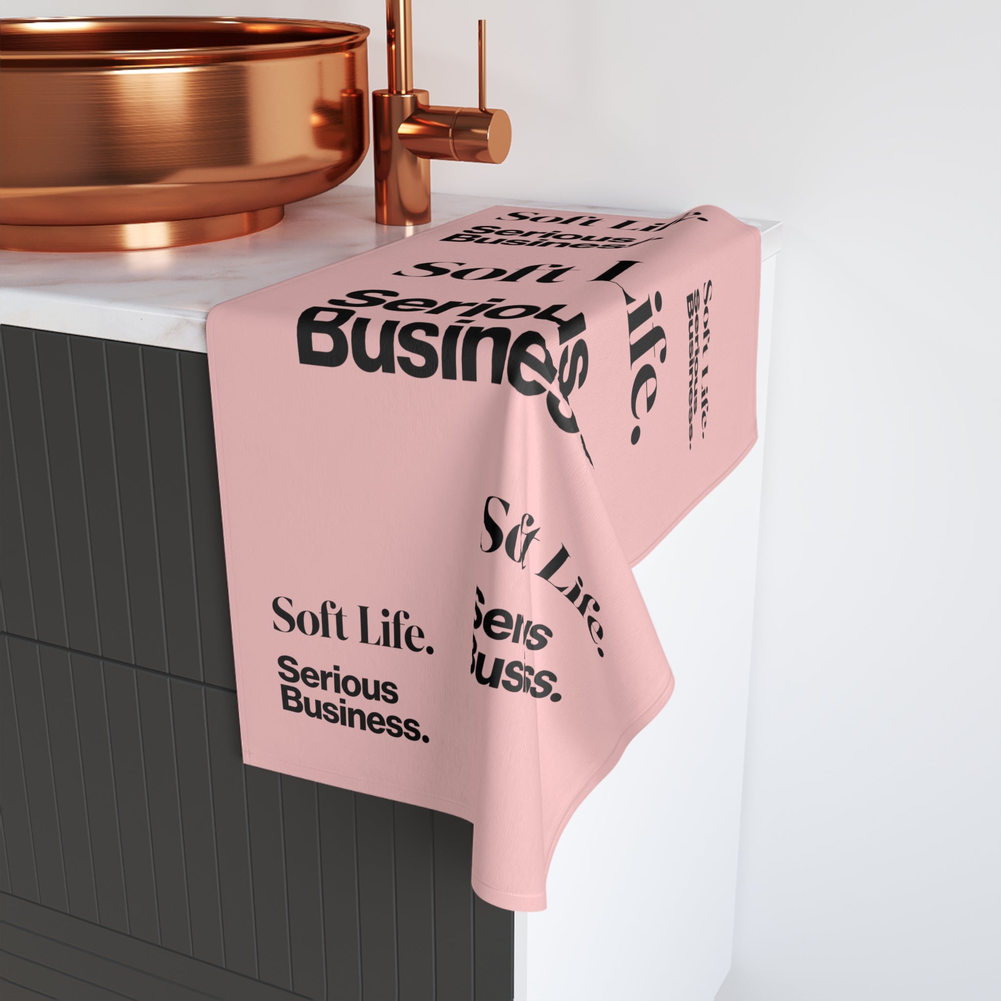 Soft Life. Serious Business. Blush Pink Hand Towel — Trendy Minimal Text Pattern