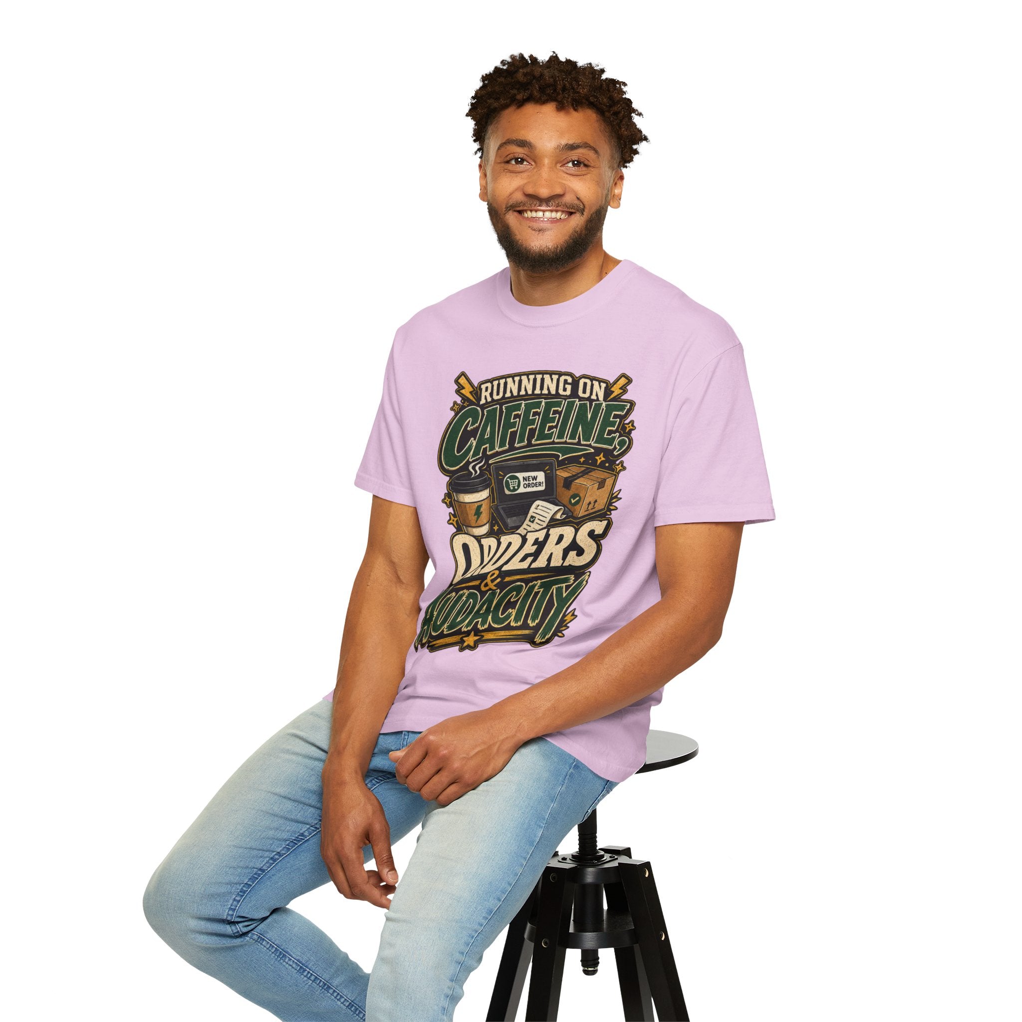 Funny Small Business Owner T-Shirt — “Running on Caffeine, Orders & Audacity” Graphic Tee