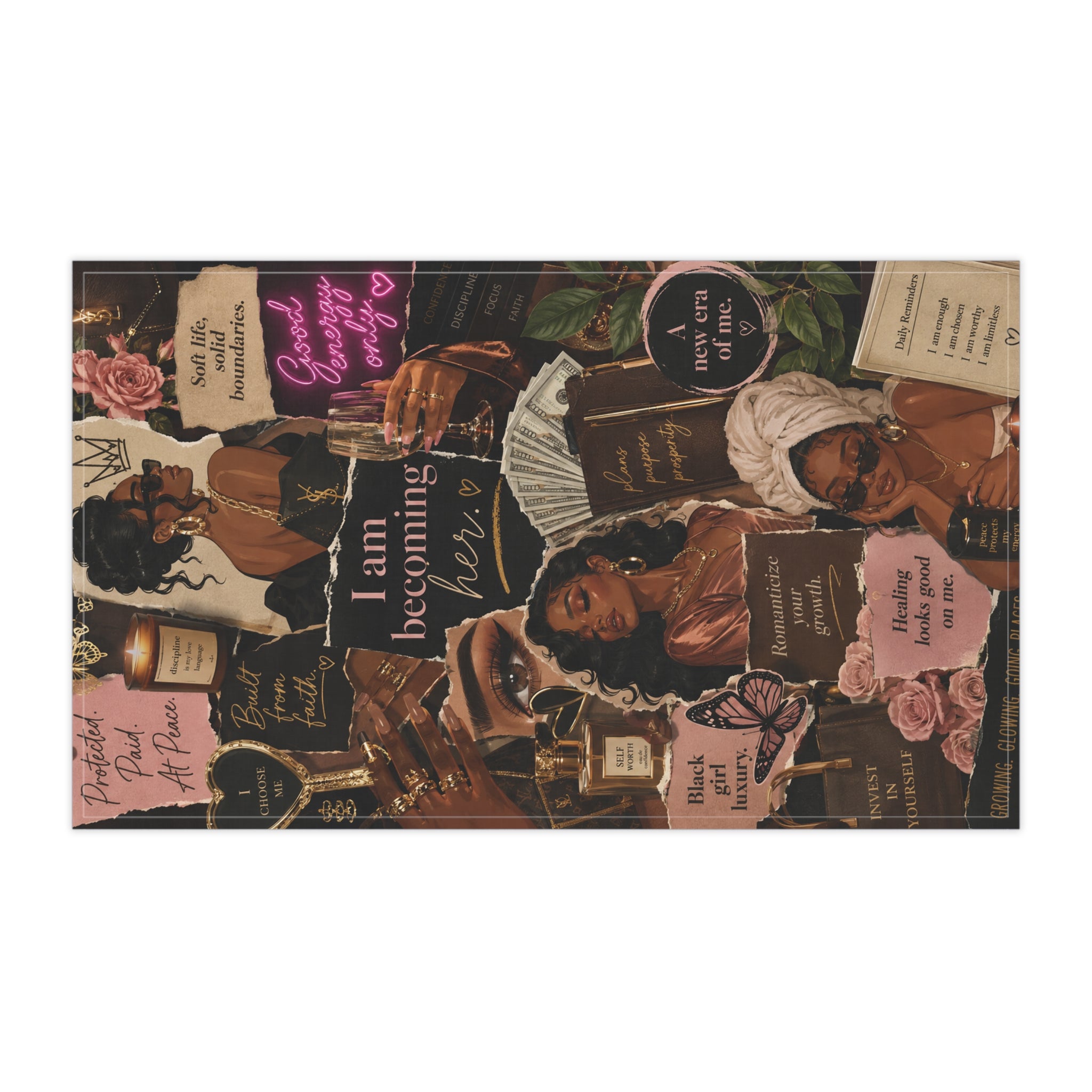 I Am Becoming Her Tea Towel — Empowerment Collage Cotton Kitchen Towel