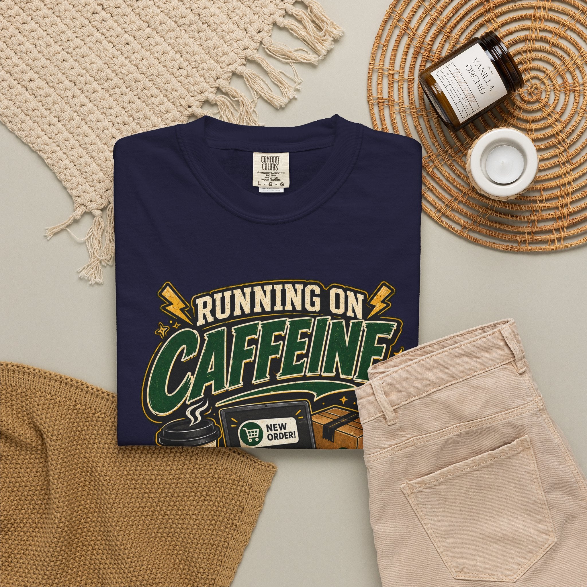 Funny Small Business Owner T-Shirt — “Running on Caffeine, Orders & Audacity” Graphic Tee