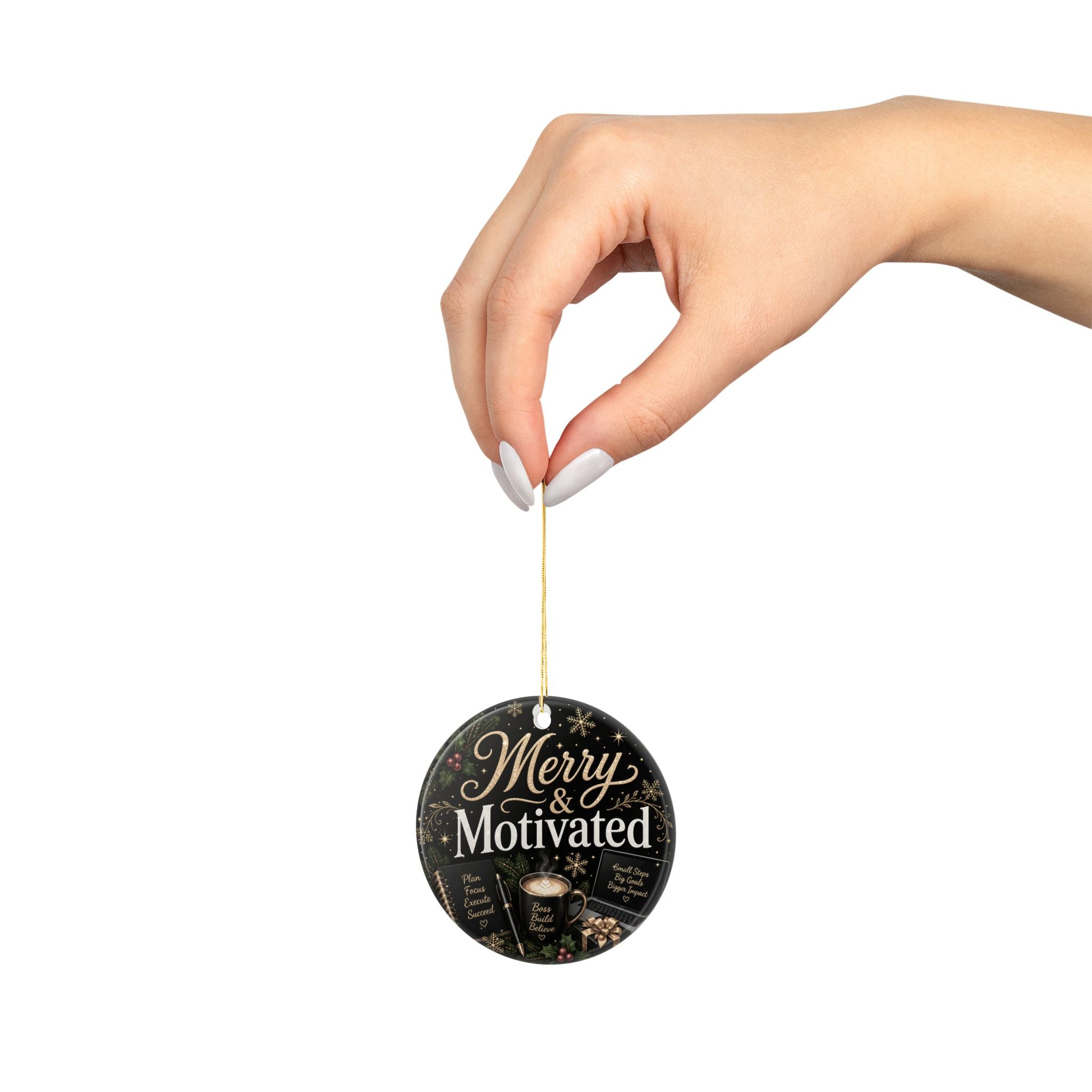 Merry & Motivated Ceramic Ornament – Small Business Owner Christmas Gift
