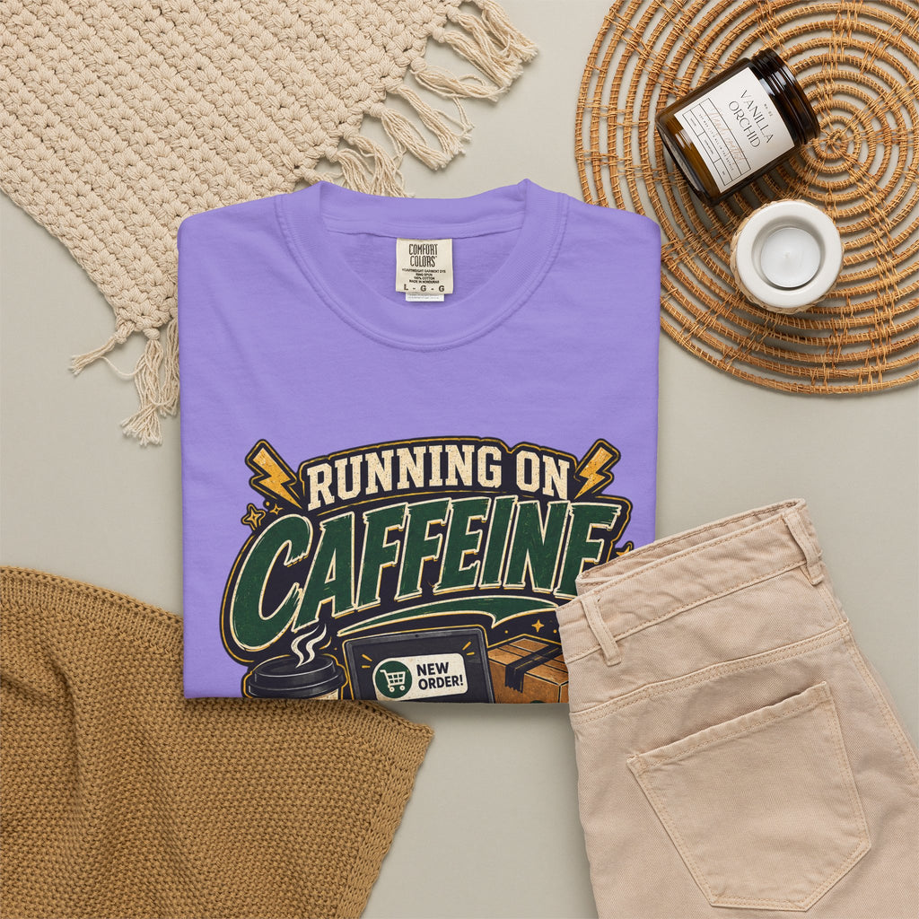 Funny Small Business Owner T-Shirt — “Running on Caffeine, Orders & Audacity” Graphic Tee