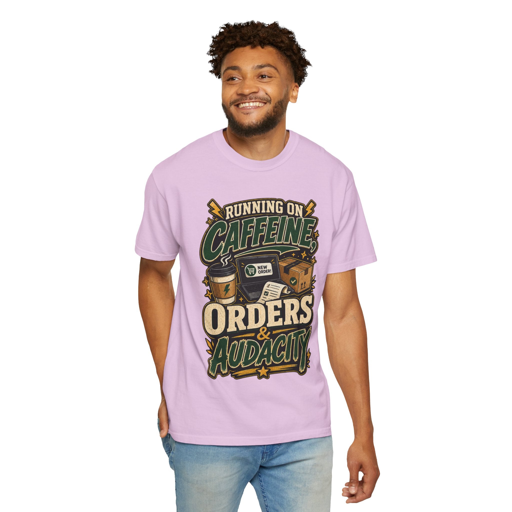 Funny Small Business Owner T-Shirt — “Running on Caffeine, Orders & Audacity” Graphic Tee