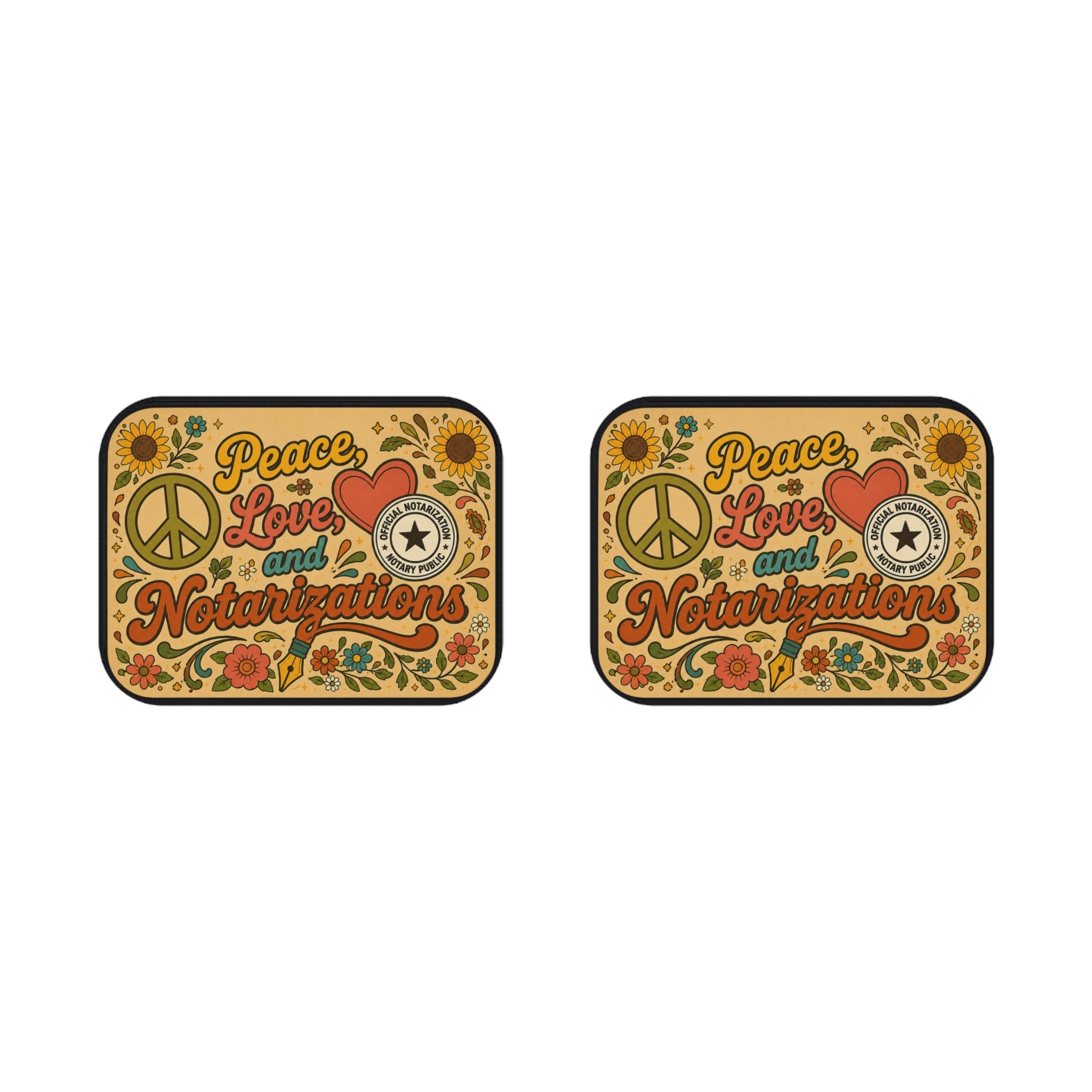 Peace, Love & Notarizations Car Floor Mats ☮️❤️🖋️ — Retro Floral Notary Floor Mats (Set of 2)