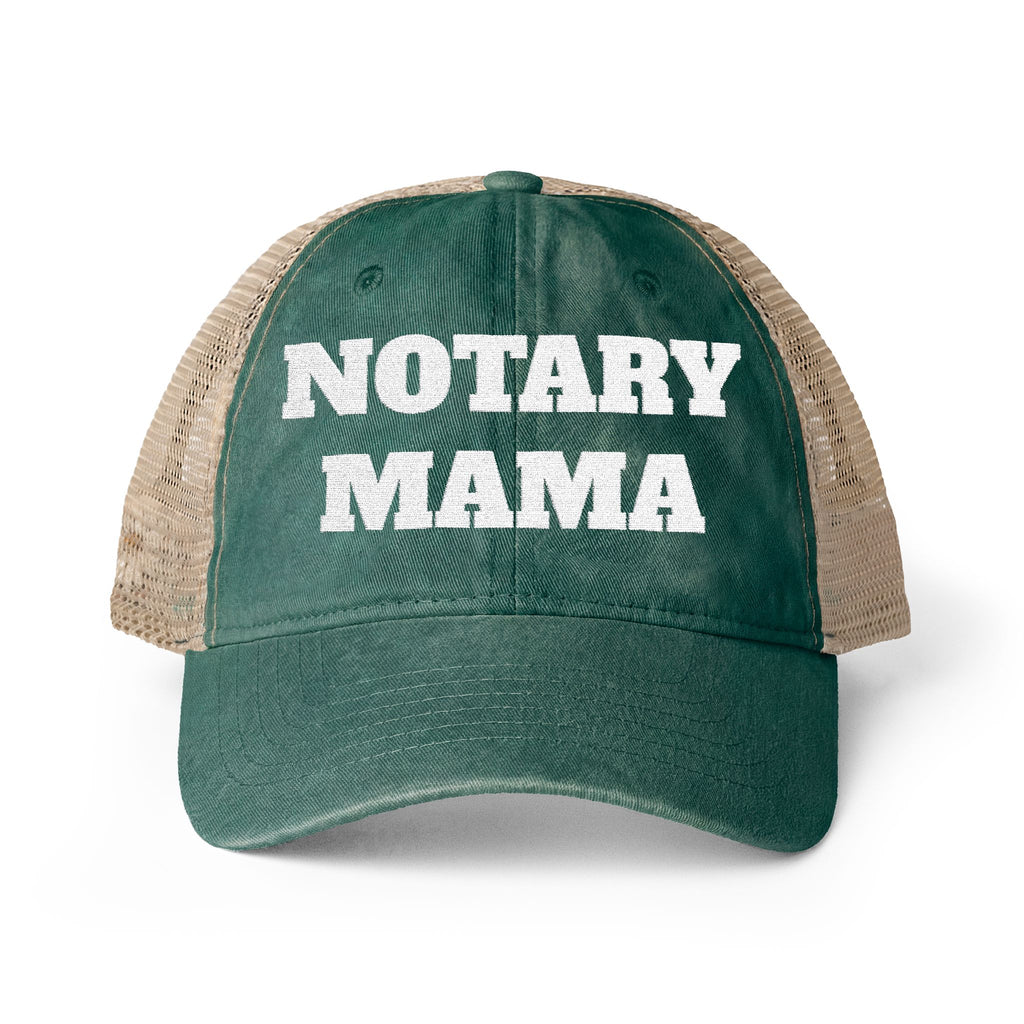 Notary Mama Women's Washed Mesh-Back Cap | Daisy Ponytail Trucker Hat for Mobile Notaries