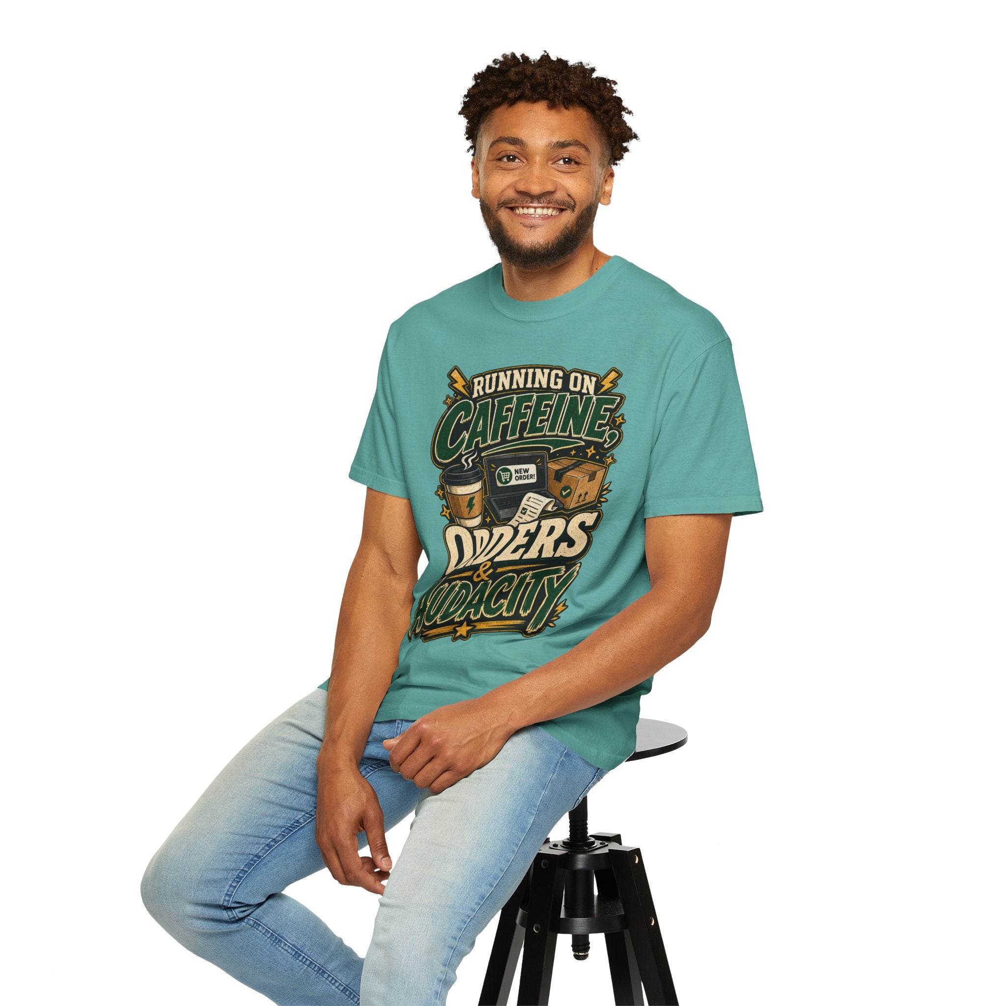 Funny Small Business Owner T-Shirt — “Running on Caffeine, Orders & Audacity” Graphic Tee