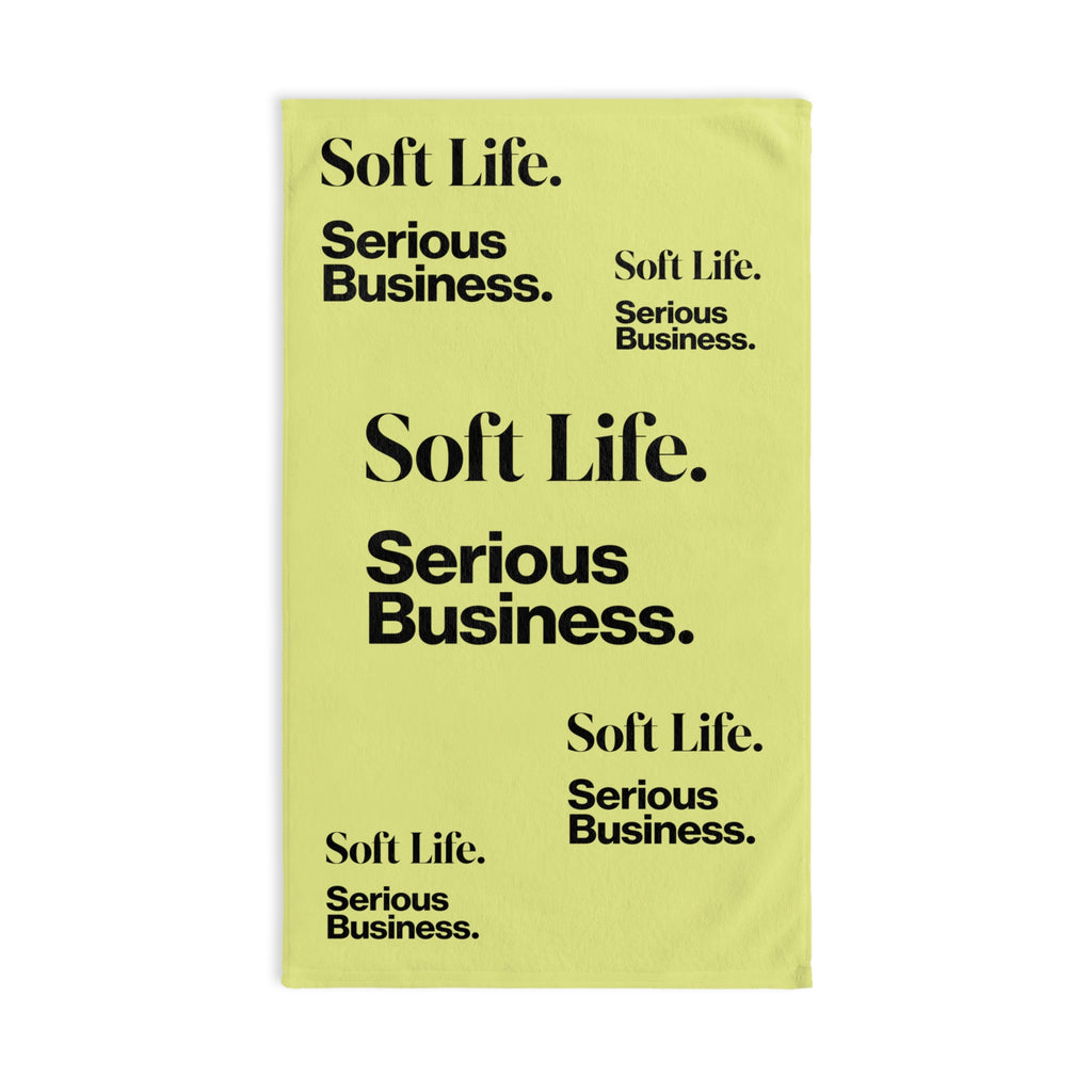 Soft Life. Serious Business. Pastel Yellow Hand Towel — Bold Minimal Text Pattern