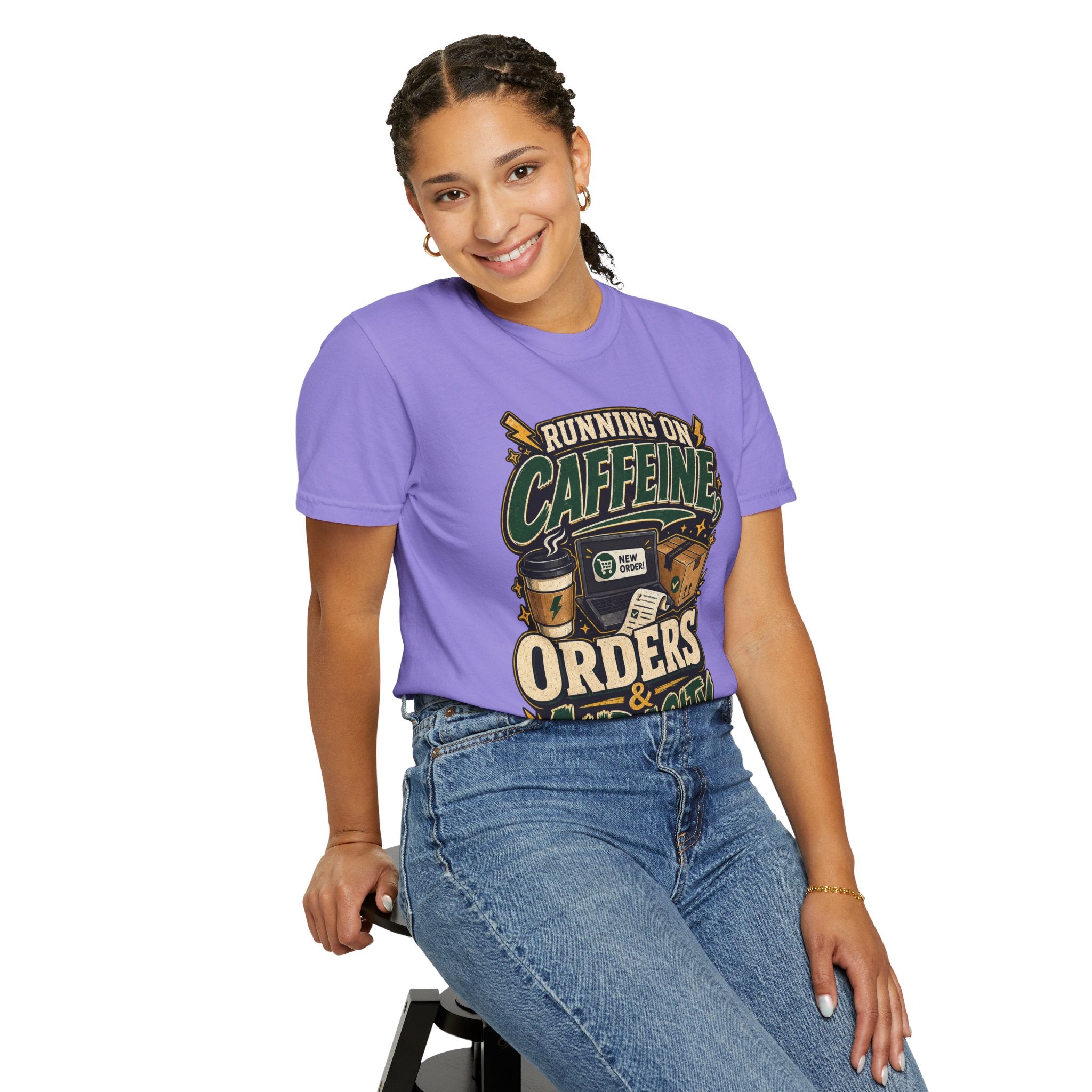 Funny Small Business Owner T-Shirt — “Running on Caffeine, Orders & Audacity” Graphic Tee