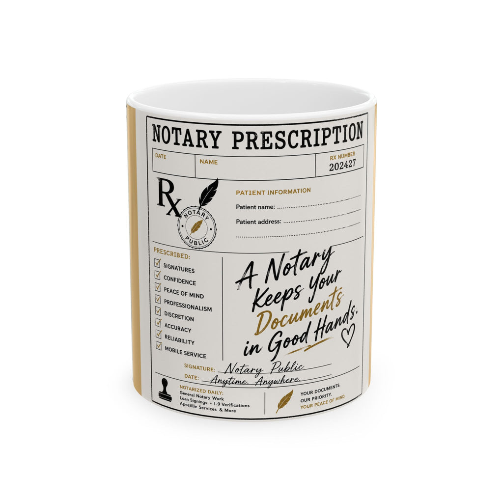 Notary Prescription Mug | Funny Notary Gift | Mobile Notary Coffee Mug | Loan Signing Agent Mug | 11oz & 15oz Ceramic Cup