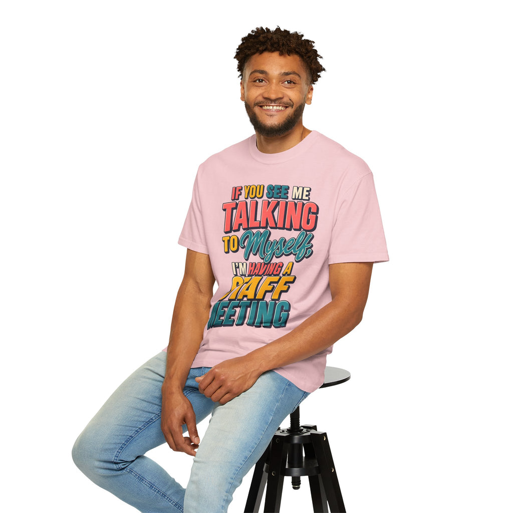 Funny Staff Meeting T-Shirt — “If You See Me Talking to Myself” Colorful Typography Graphic Tee