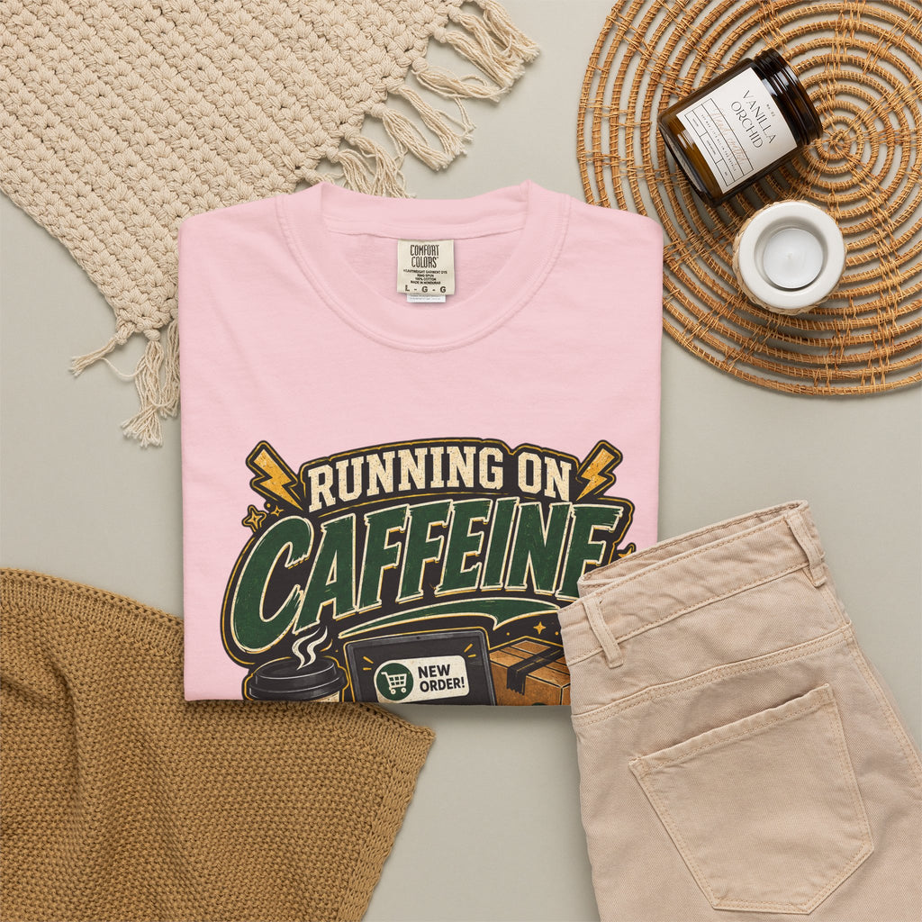Funny Small Business Owner T-Shirt — “Running on Caffeine, Orders & Audacity” Graphic Tee