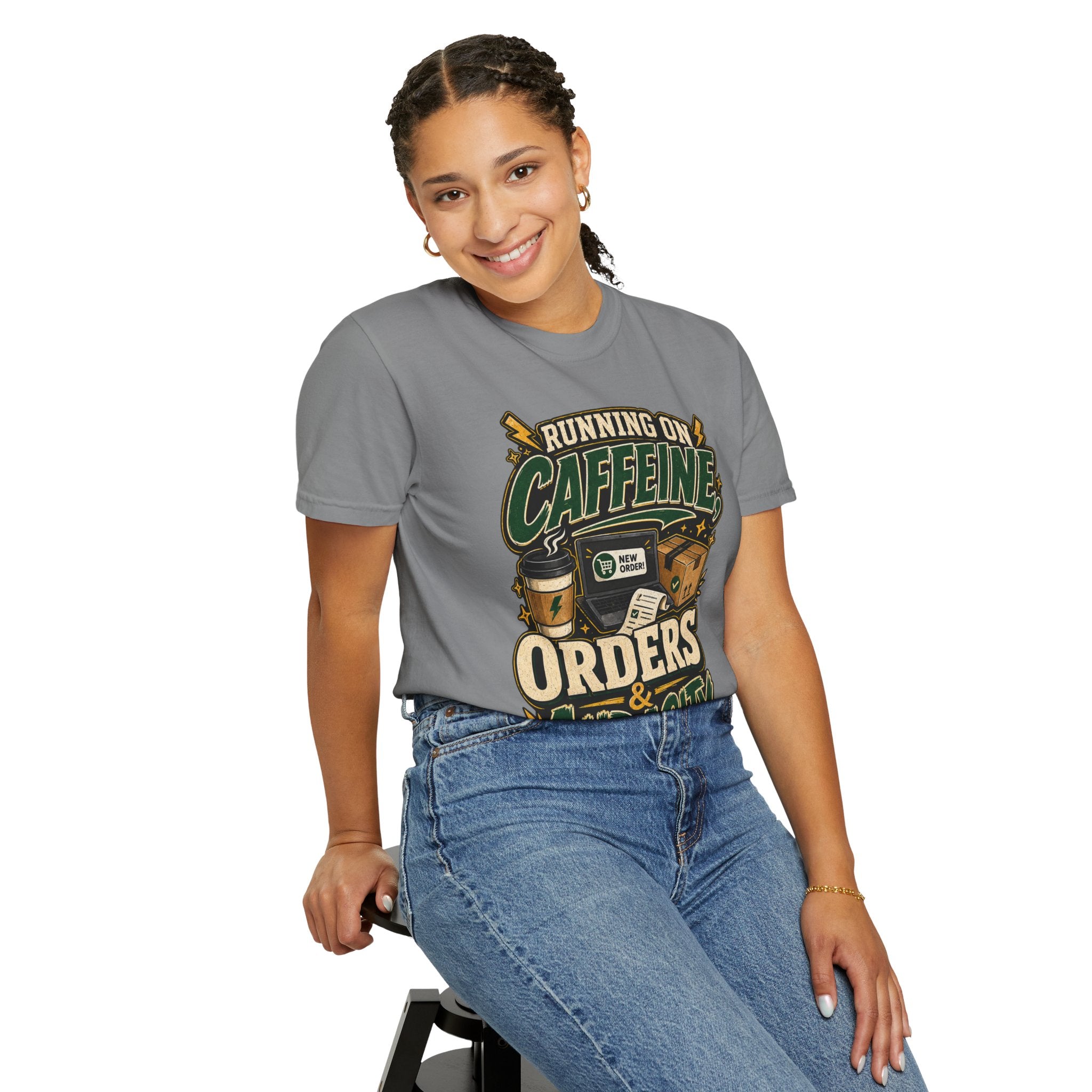 Funny Small Business Owner T-Shirt — “Running on Caffeine, Orders & Audacity” Graphic Tee