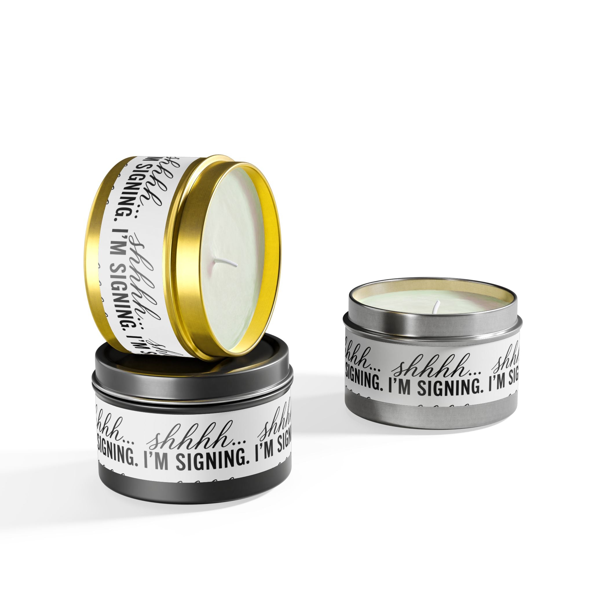 Shhhh... I'm Signing Candle | Funny Notary Gift | Coconut Apricot Wax Tin Candle