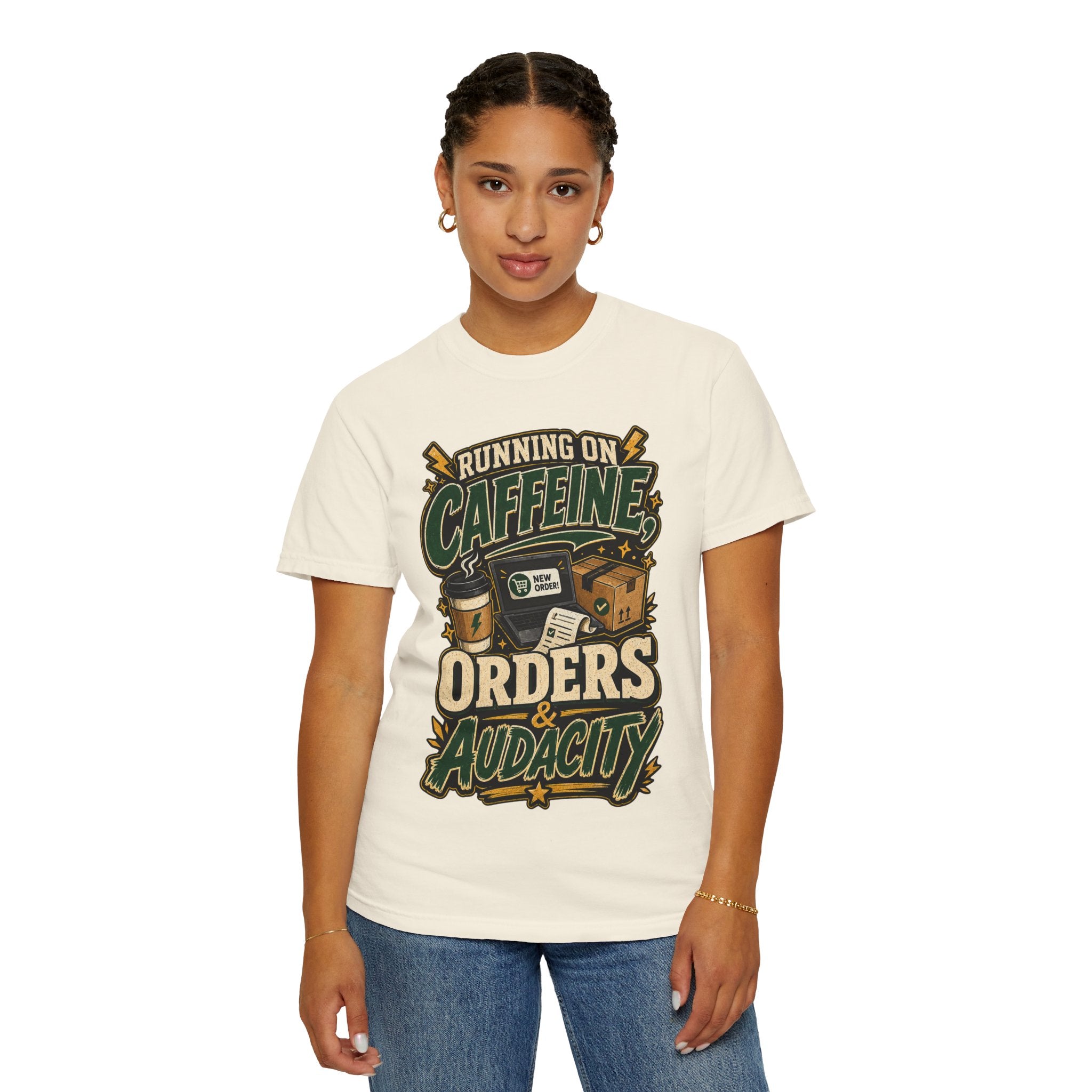 Funny Small Business Owner T-Shirt — “Running on Caffeine, Orders & Audacity” Graphic Tee
