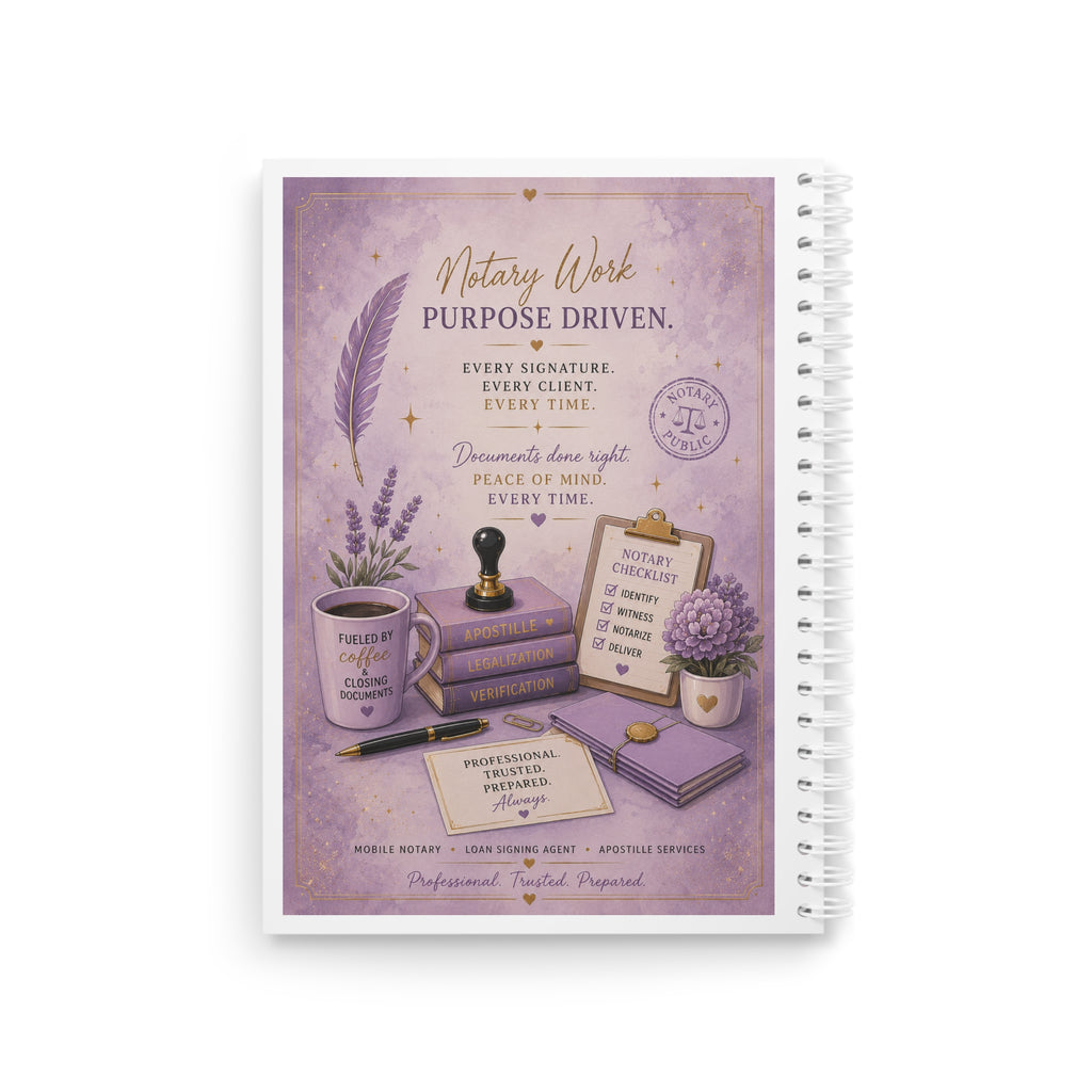 Notary Work. Purpose Driven. Spiral Notebook | Lavender Notary Journal | Mobile Notary Notebook | Loan Signing Agent Planner | Office Stationery Gift