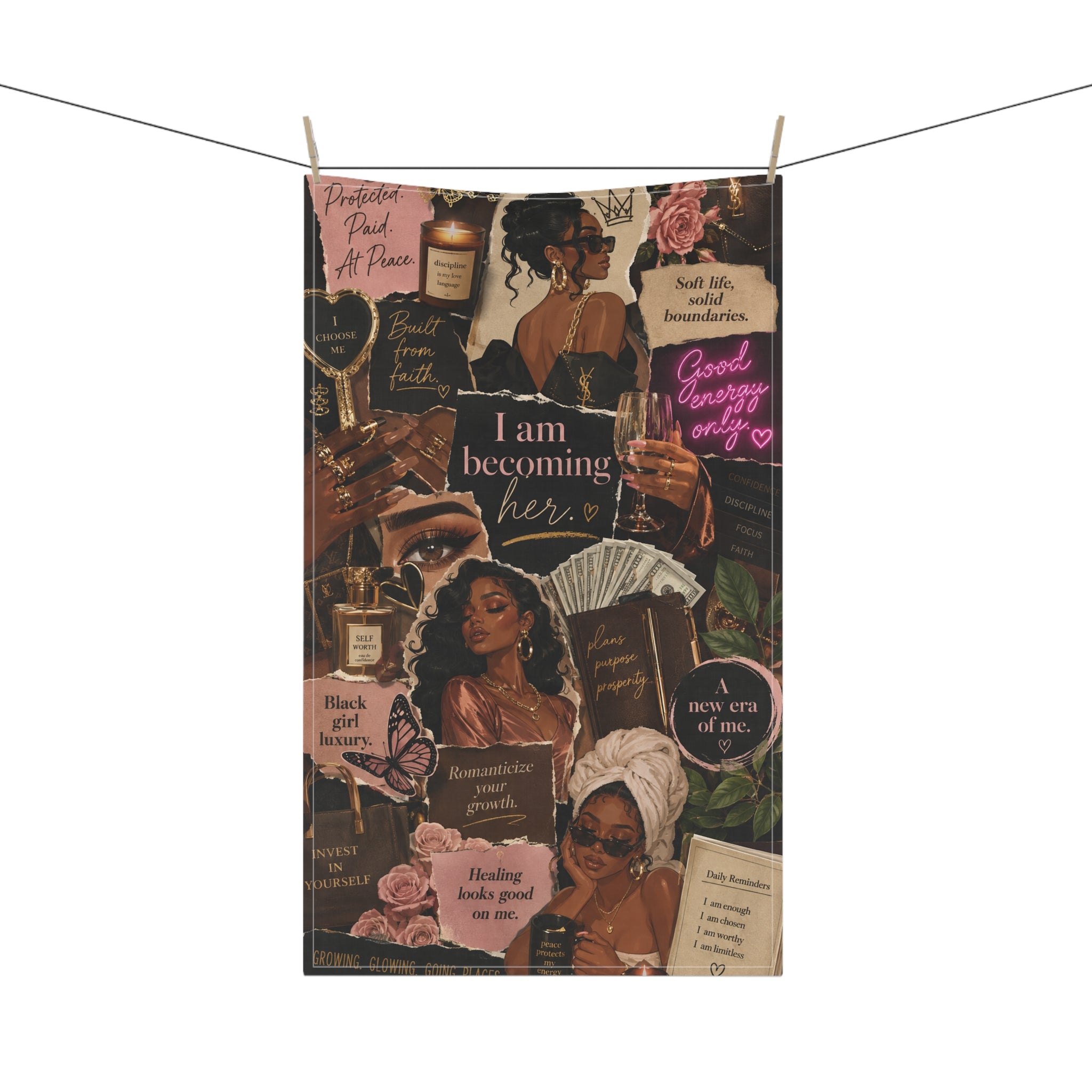 I Am Becoming Her Tea Towel — Empowerment Collage Cotton Kitchen Towel