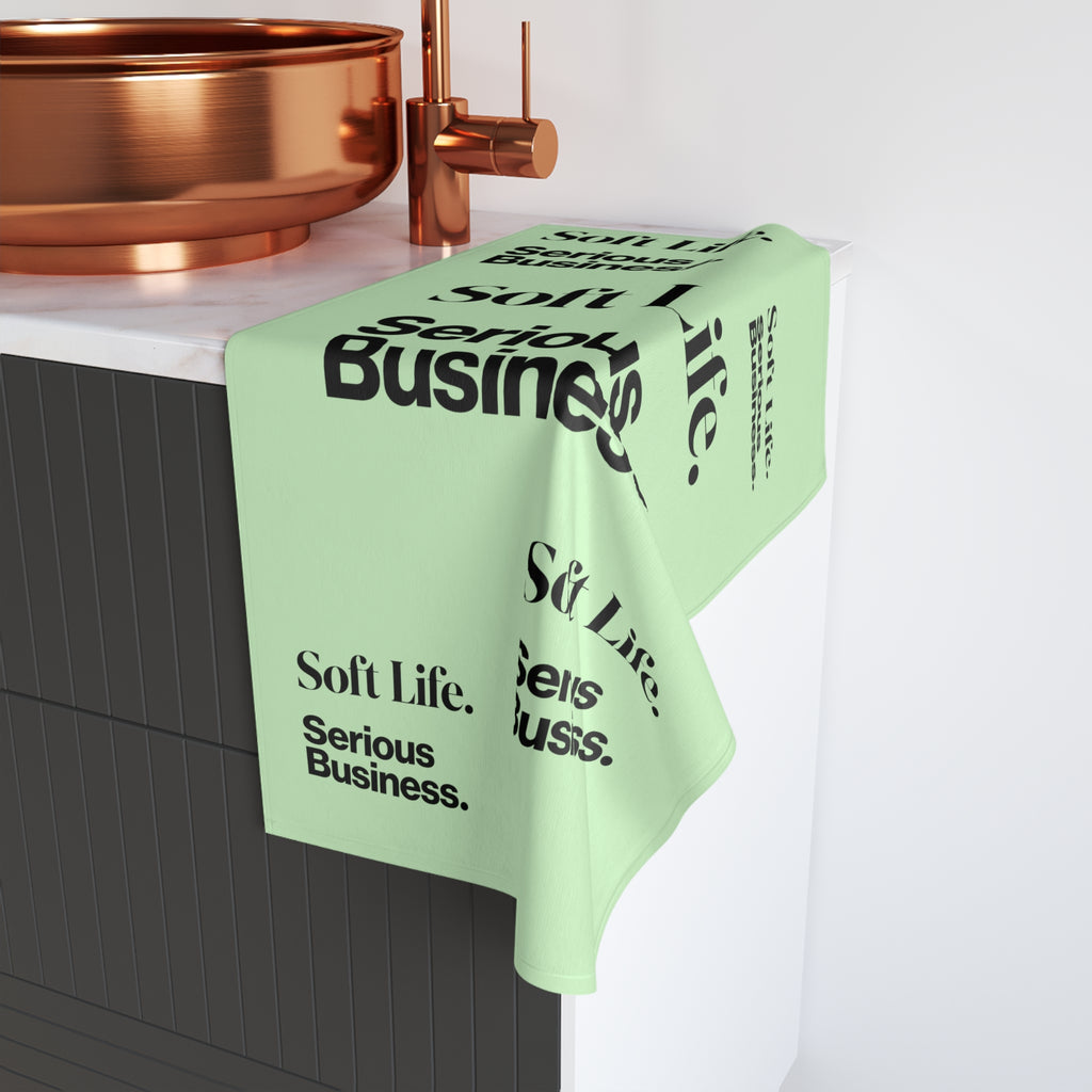 Soft Life. Serious Business. Mint Hand Towel — Trendy Minimal Text Pattern