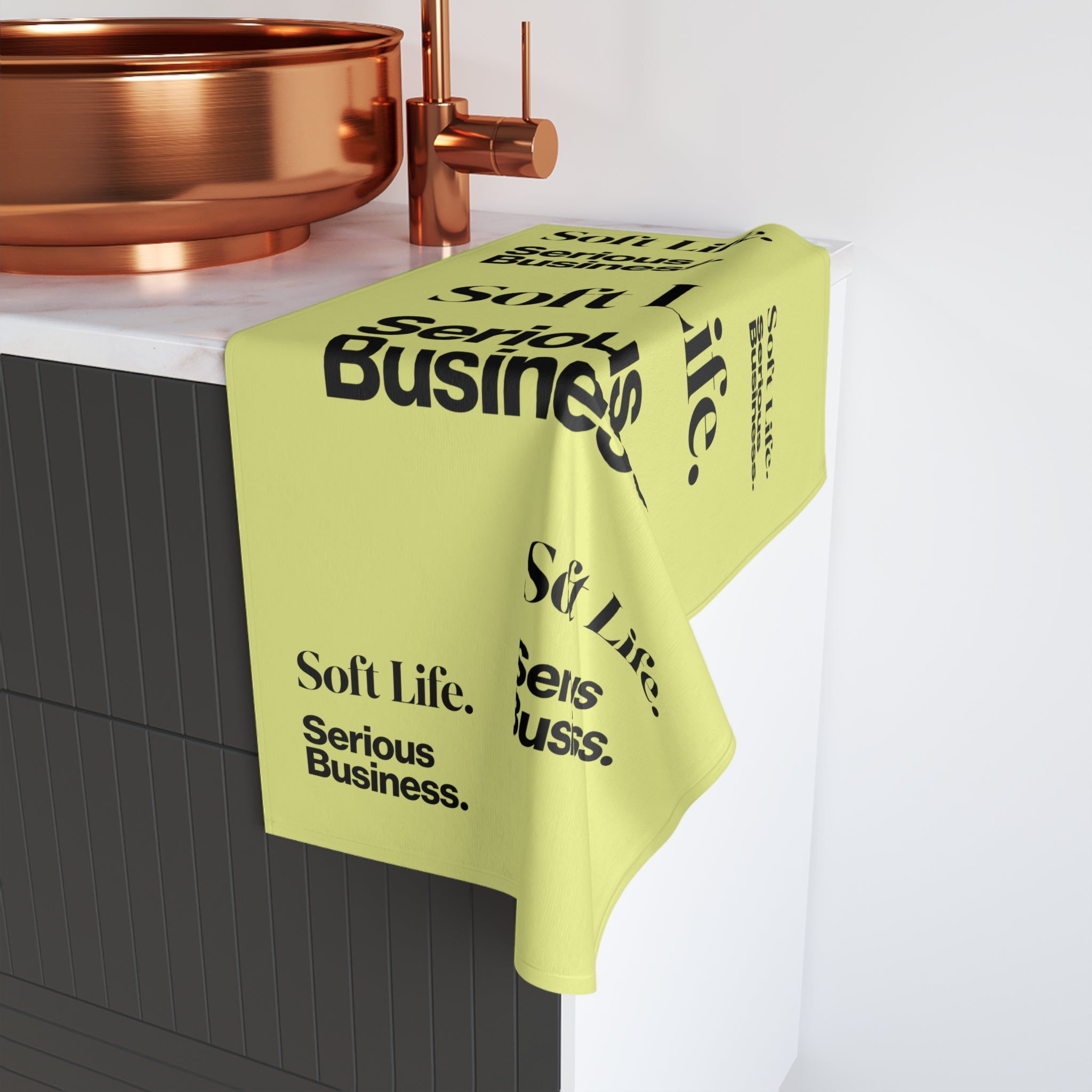 Soft Life. Serious Business. Pastel Yellow Hand Towel — Bold Minimal Text Pattern