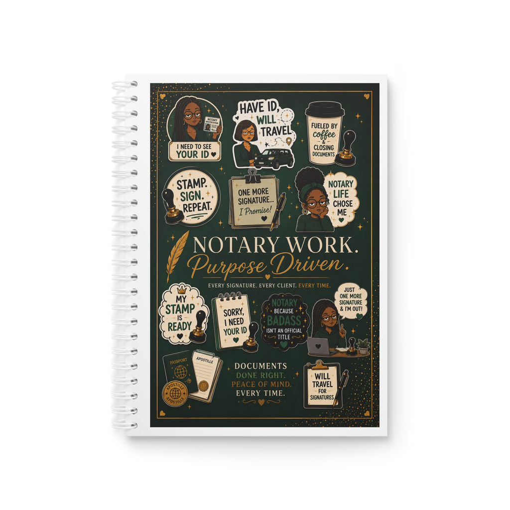Notary Work Spiral Notebook — "Purpose Driven" Notary Journal with Stamps & Quotes
