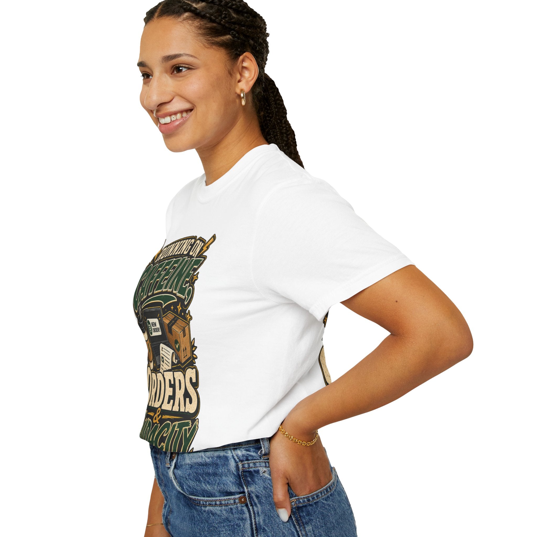 Funny Small Business Owner T-Shirt — “Running on Caffeine, Orders & Audacity” Graphic Tee