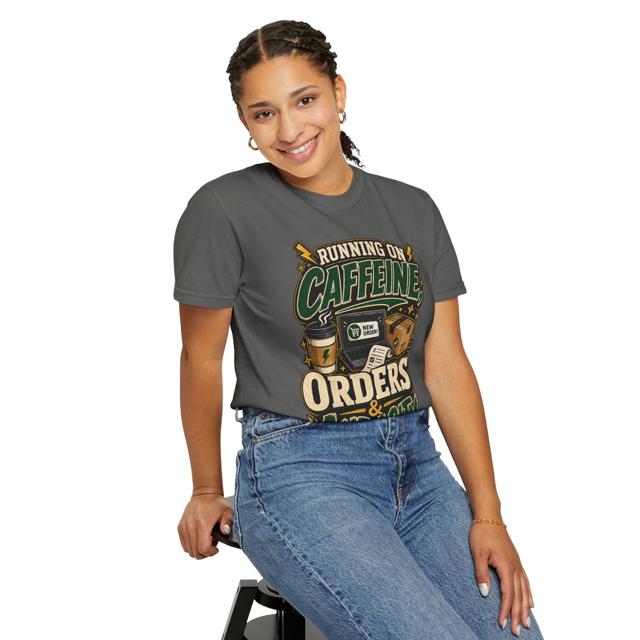 Funny Small Business Owner T-Shirt — “Running on Caffeine, Orders & Audacity” Graphic Tee