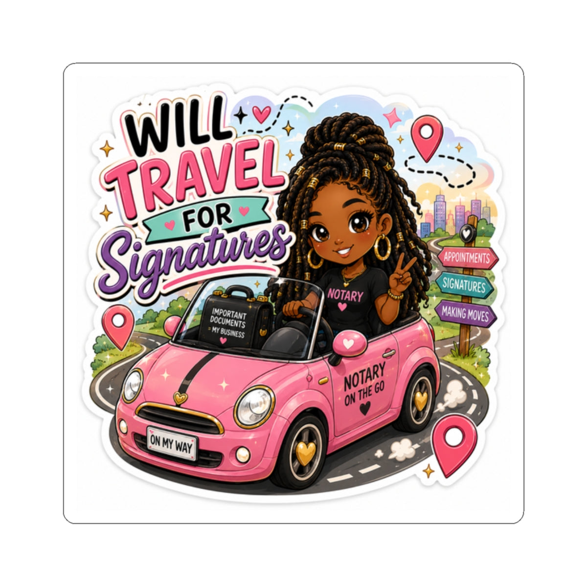 🚗 Will Travel for Signatures | Kawaii Mobile Notary Vinyl Sticker