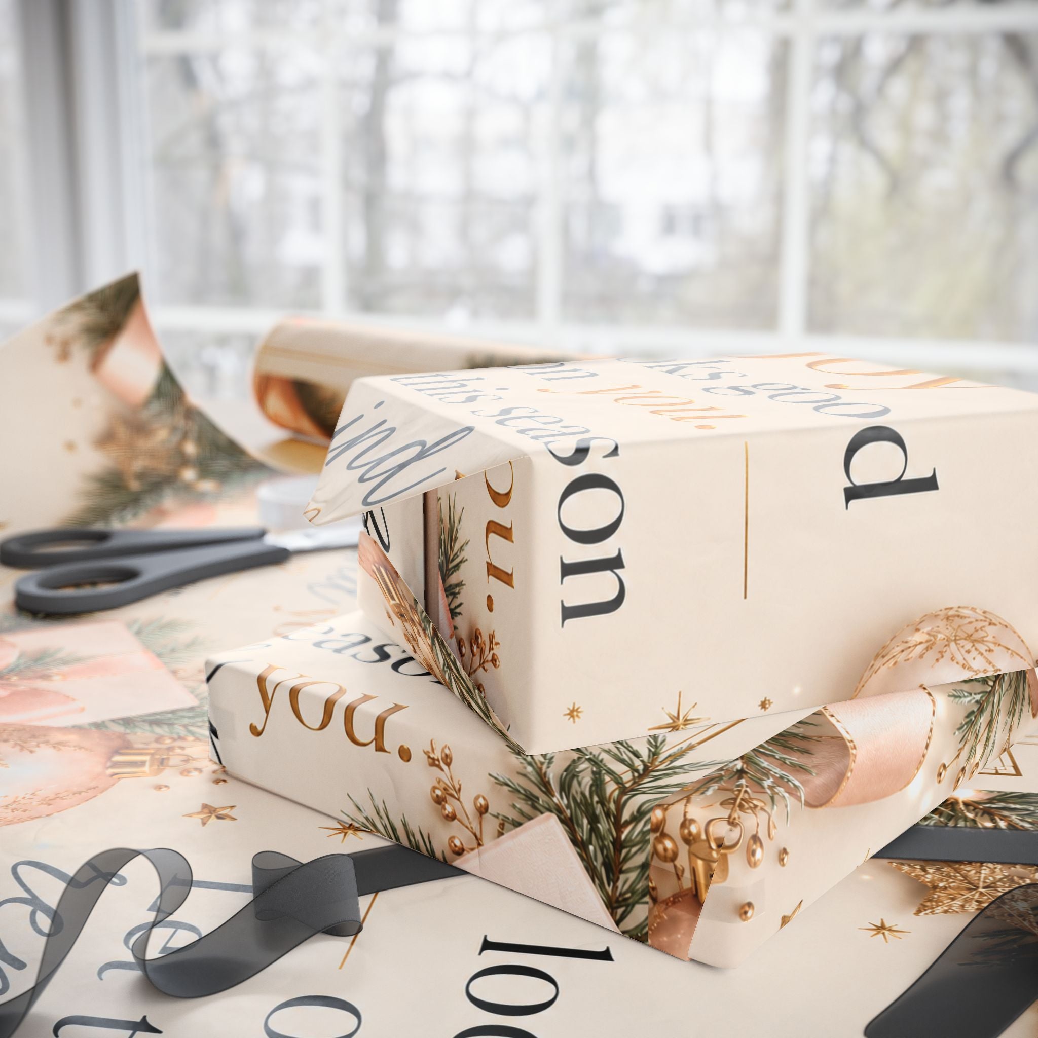 🎄 Joy Looks Good on You Wrapping Paper – Inspirational Holiday Gift Wrap ✨(Elegant Rose Gold & Pine)